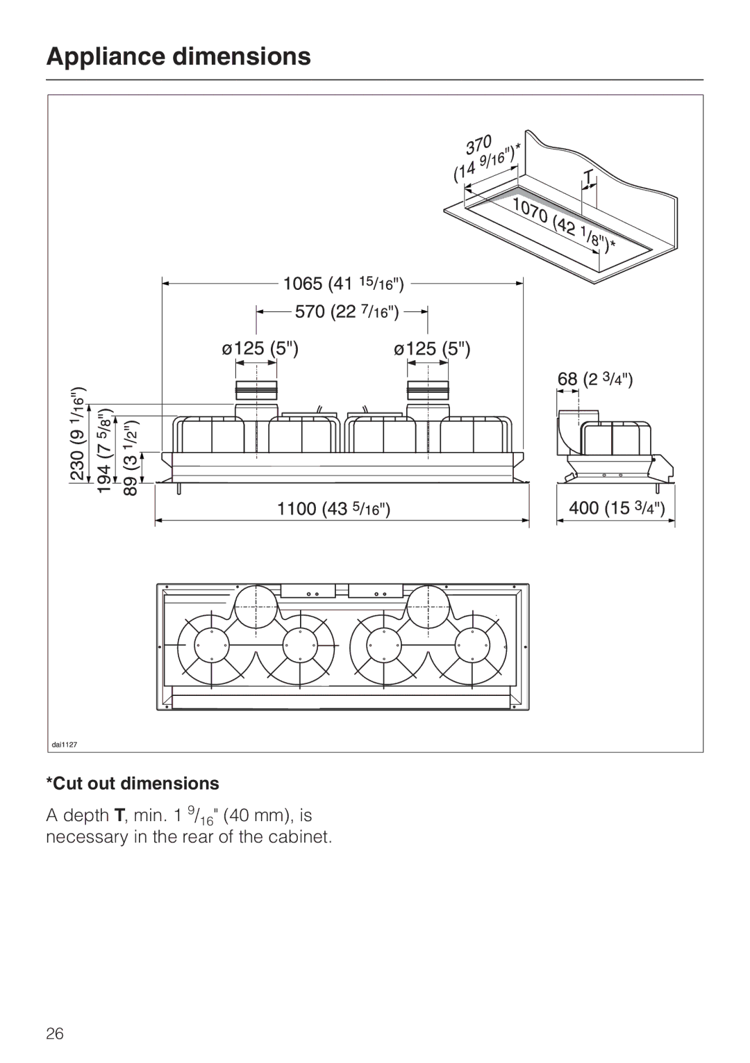 Miele DA362-110 installation instructions Appliance dimensions, Cut out dimensions 