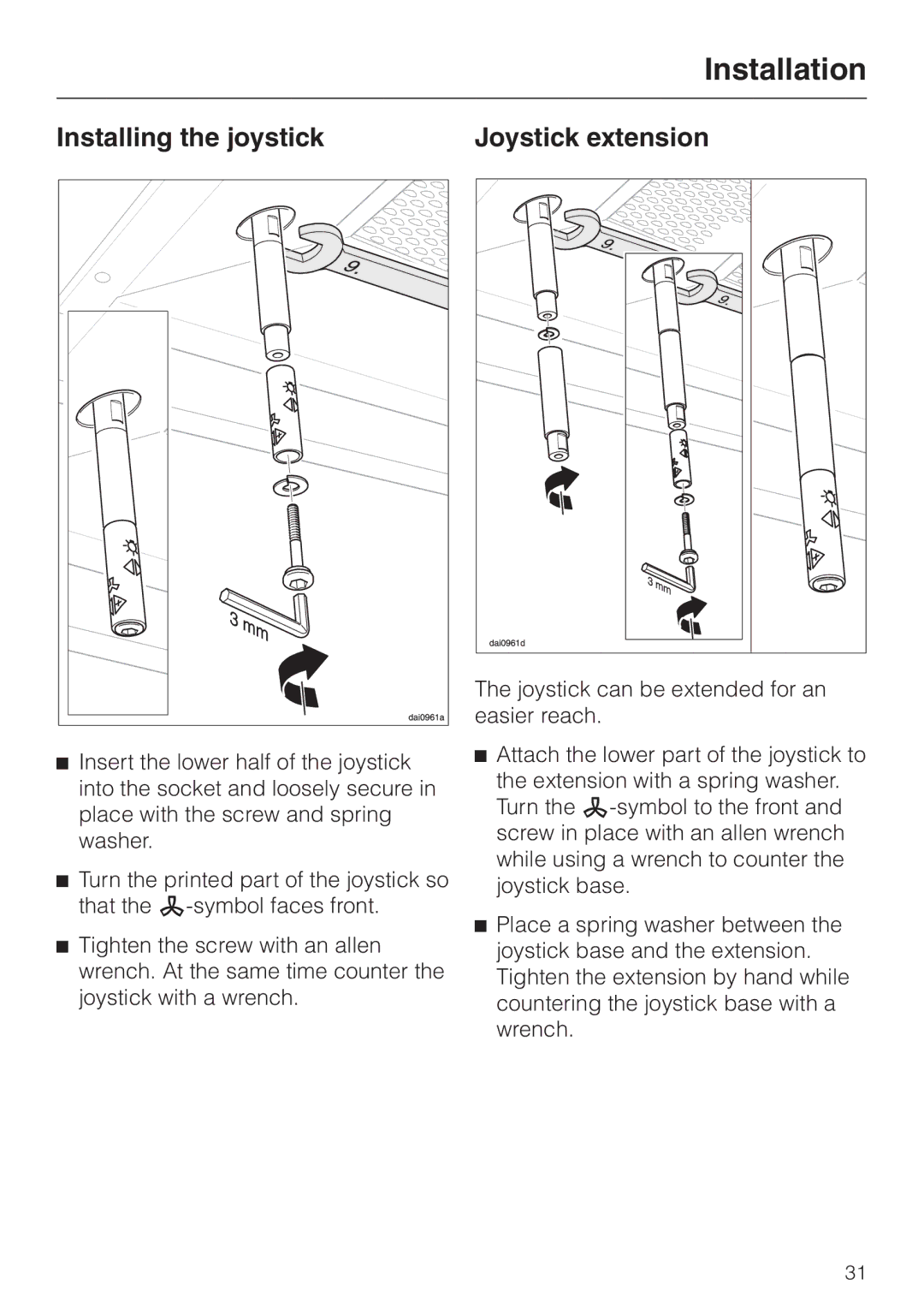 Miele DA362-110 installation instructions Installing the joystick, Joystick extension 