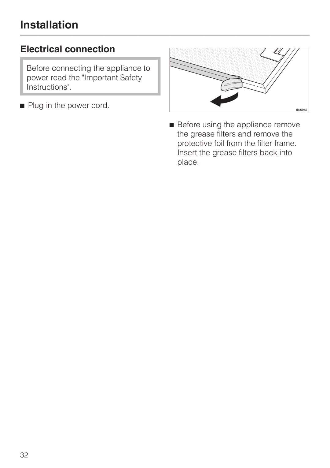 Miele DA362-110 installation instructions Electrical connection 