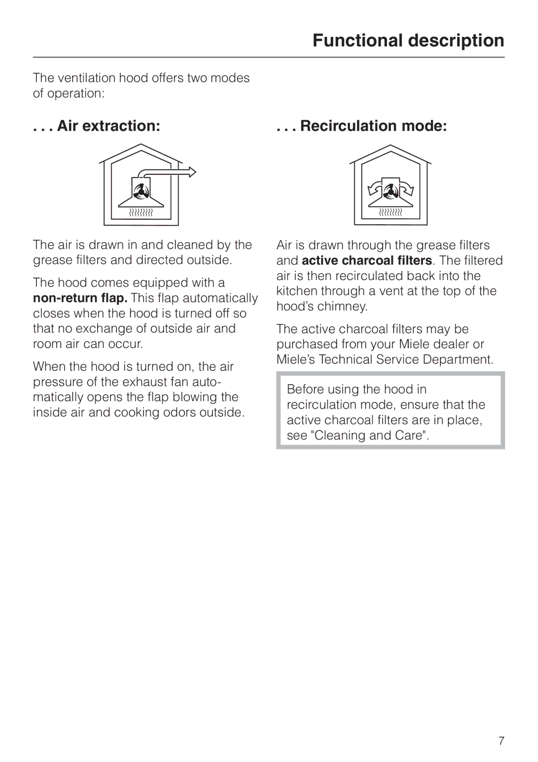 Miele DA362-110 installation instructions Functional description, Air extraction, Recirculation mode 