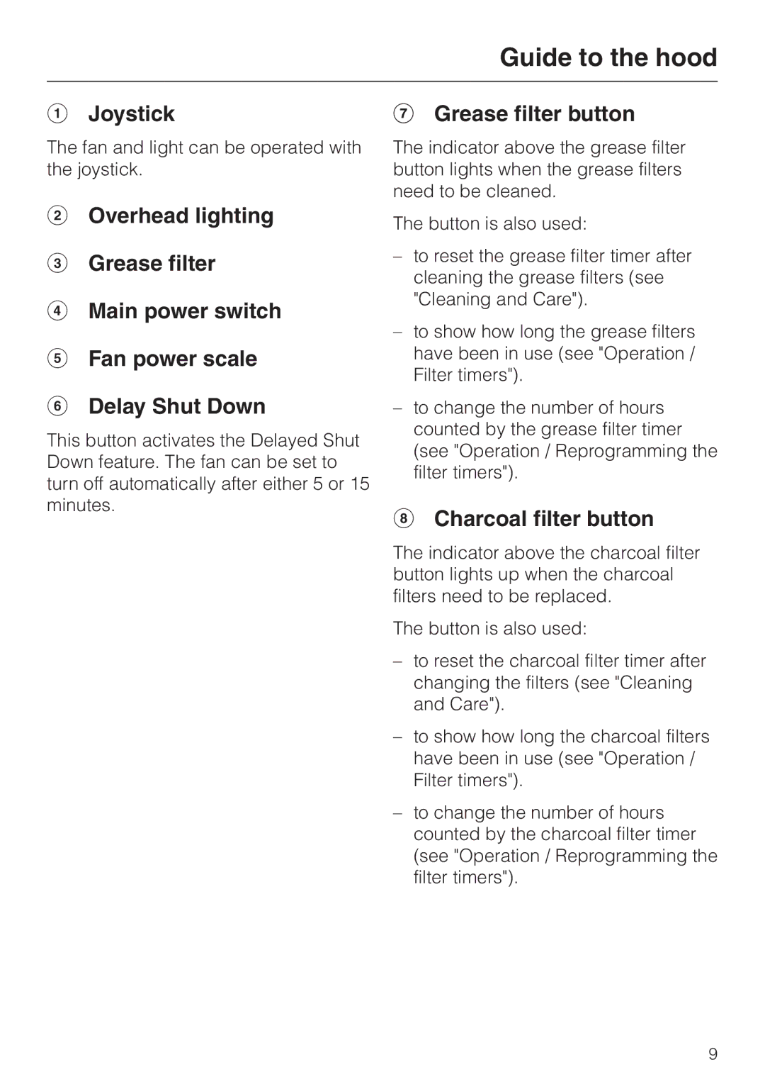 Miele DA362-110 installation instructions Joystick Grease filter button, Charcoal filter button 