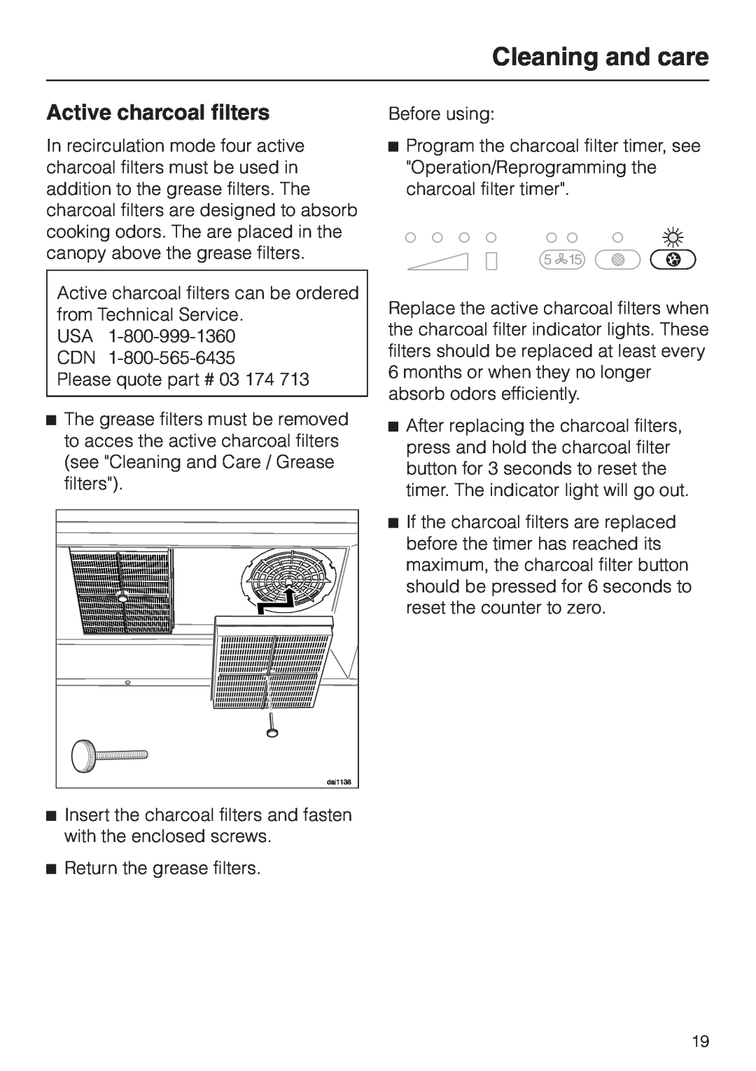 Miele DA362-110 installation instructions Active charcoal filters, Cleaning and care 