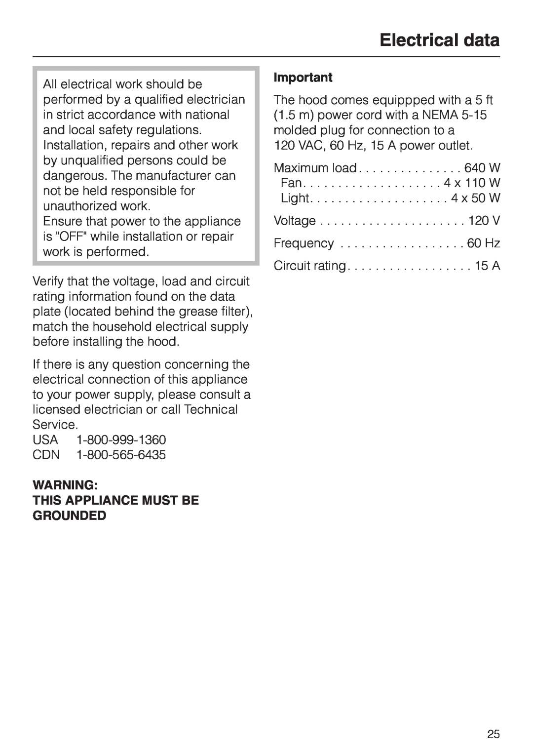 Miele DA362-110 installation instructions Electrical data, This Appliance Must Be Grounded 