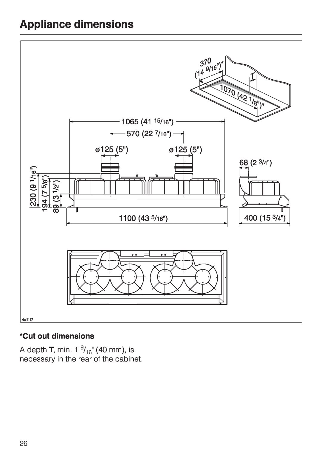 Miele DA362-110 installation instructions Appliance dimensions, Cut out dimensions 