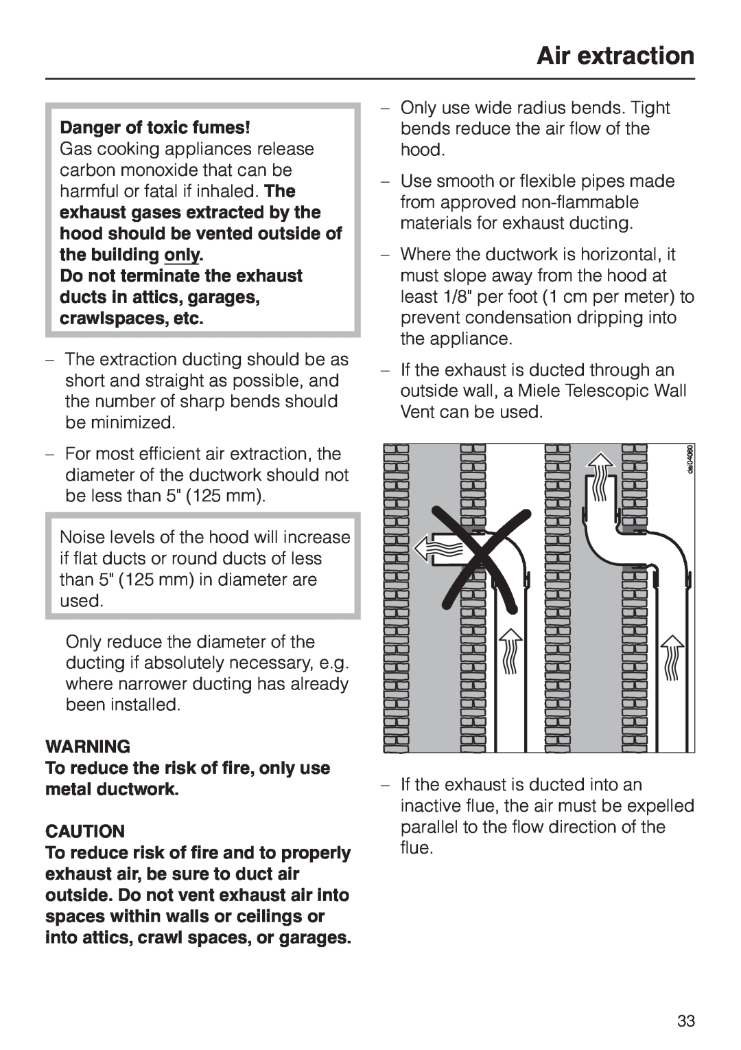 Miele DA362-110 installation instructions Air extraction, Danger of toxic fumes 