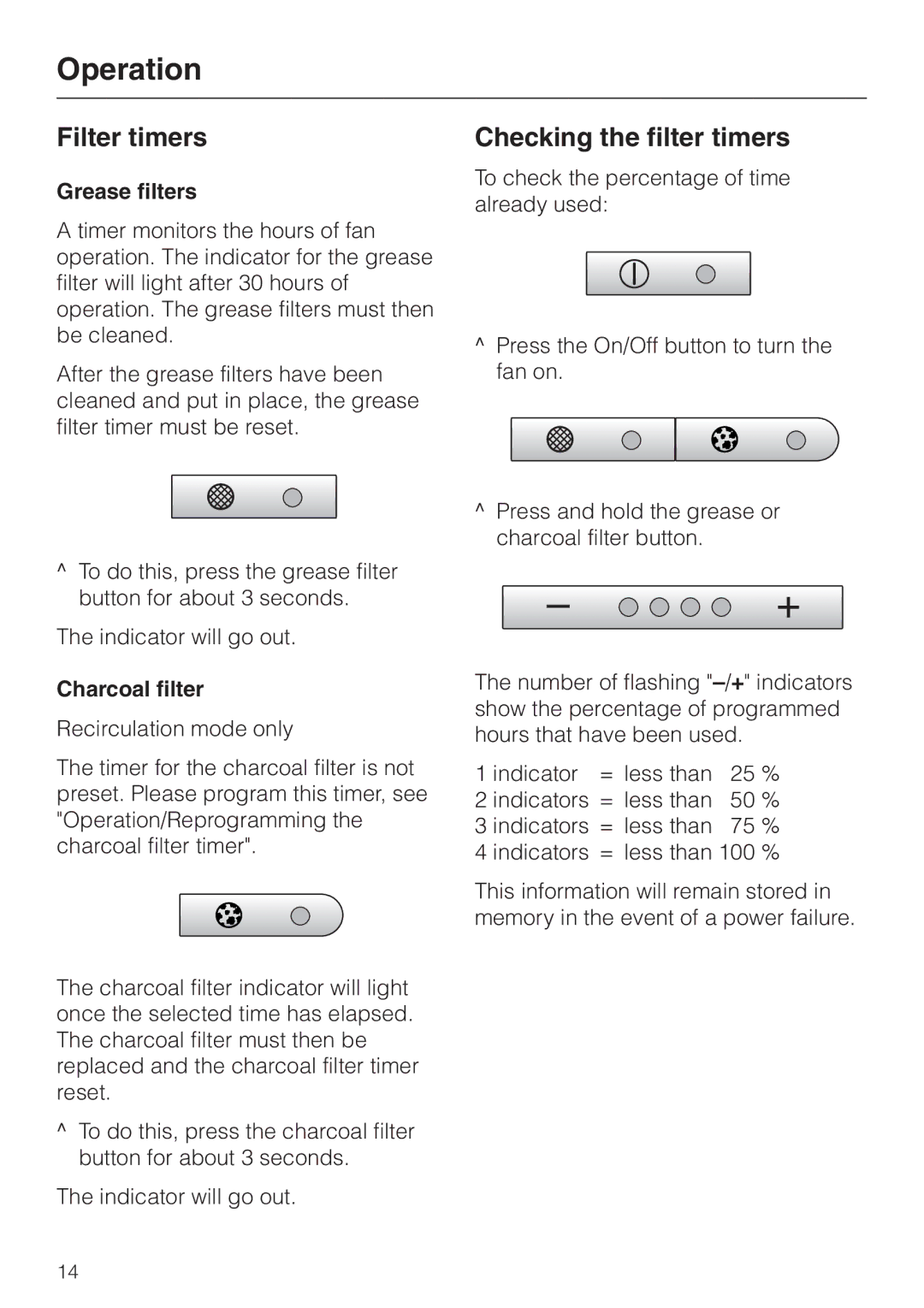 Miele DA403 installation instructions Filter timers, Checking the filter timers, Grease filters, Charcoal filter 