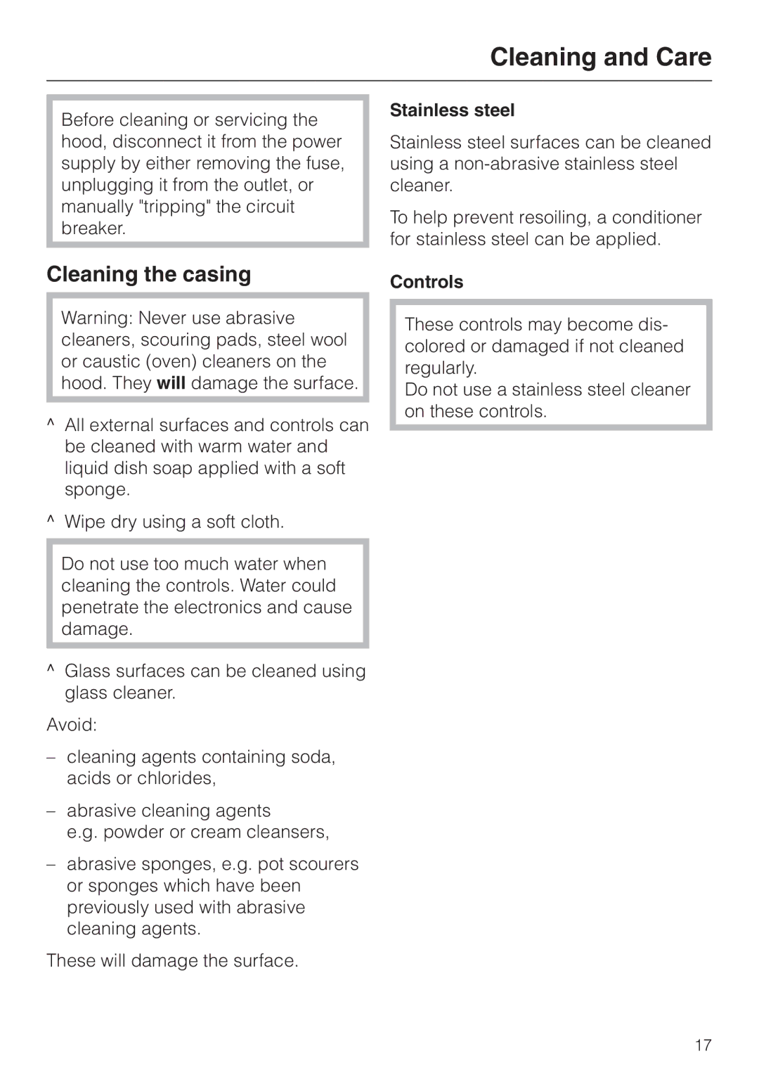 Miele DA403 installation instructions Cleaning and Care, Cleaning the casing, Stainless steel, Controls 