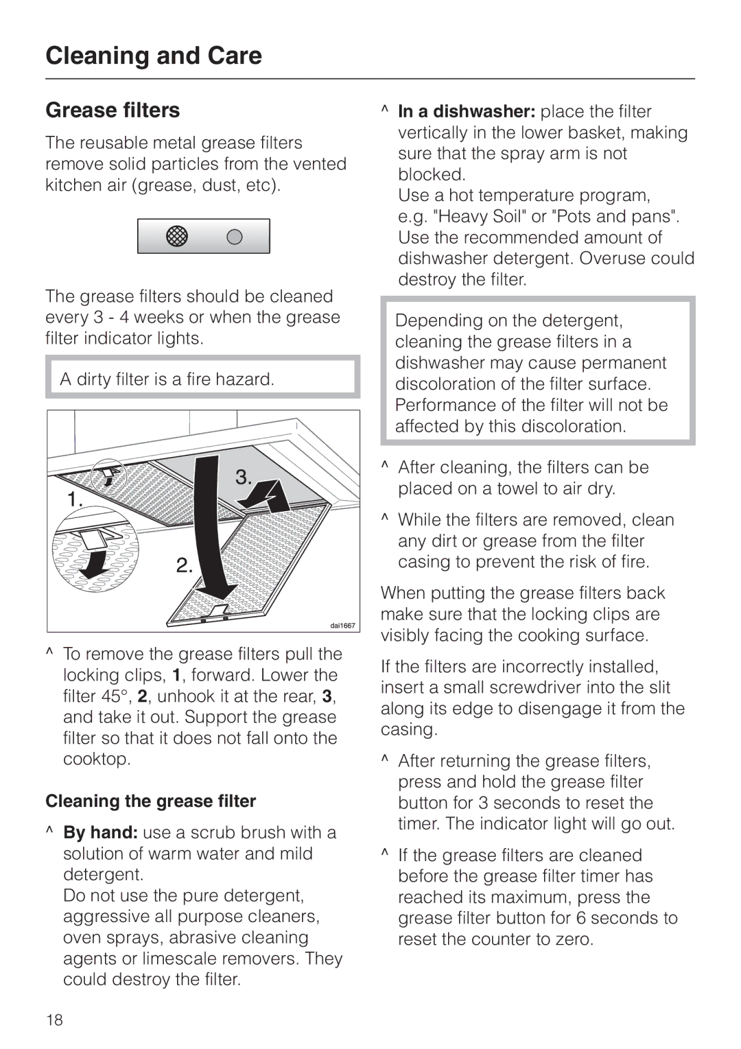 Miele DA403 installation instructions Grease filters, Cleaning the grease filter 