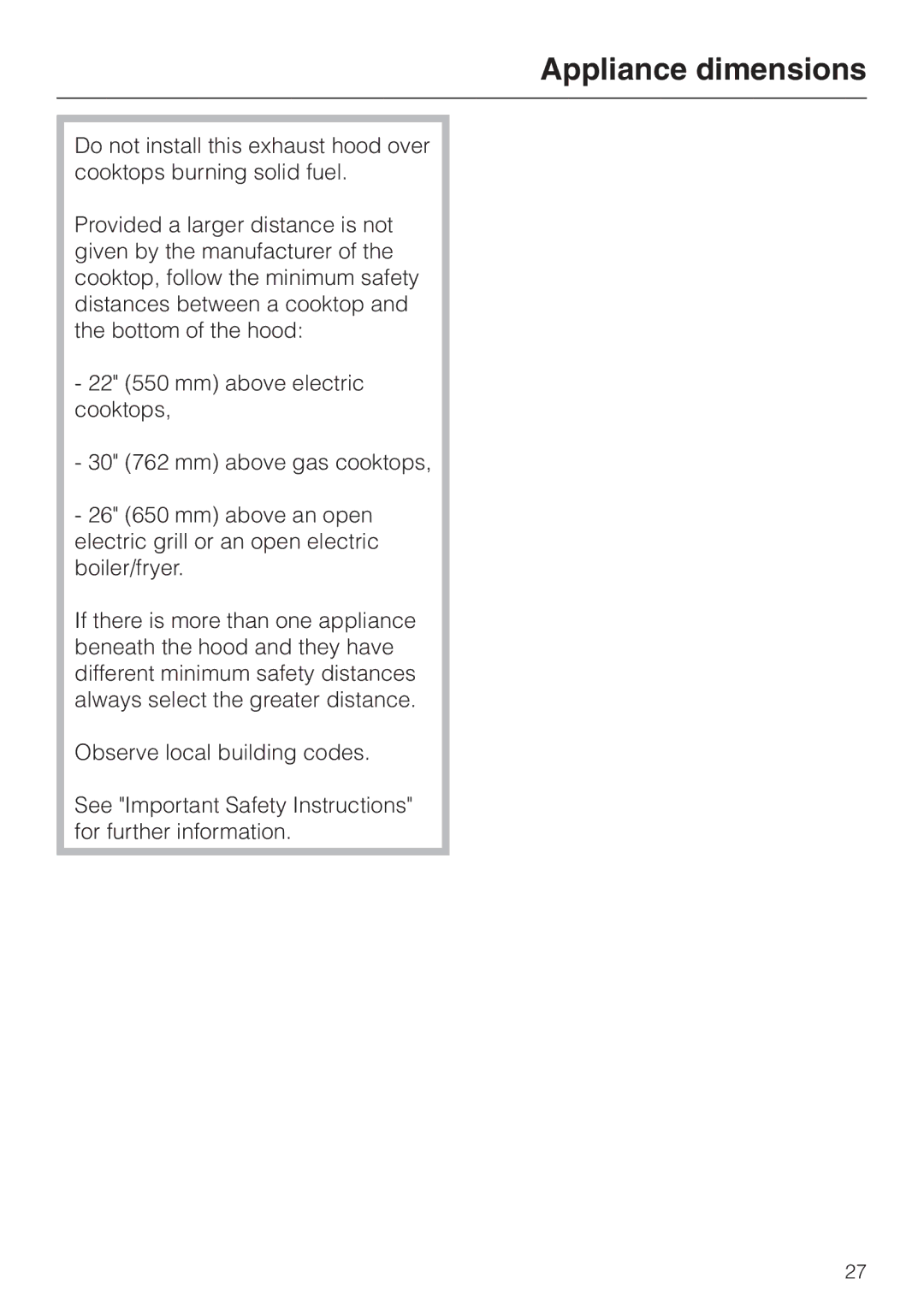 Miele DA403 installation instructions Appliance dimensions 