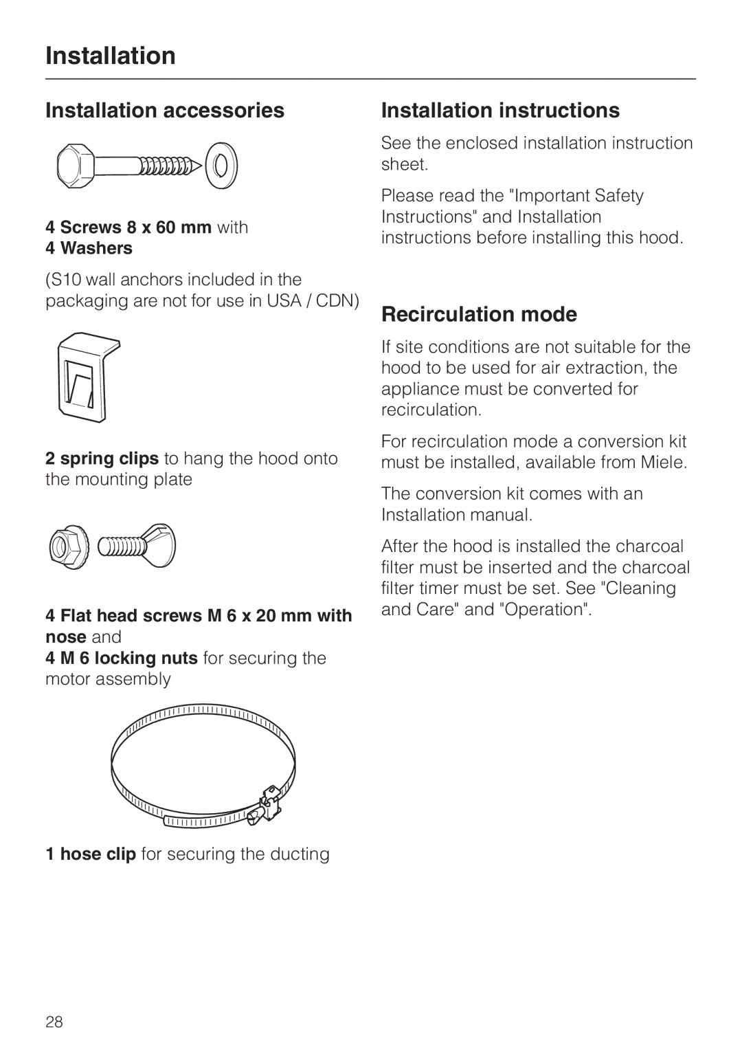 Miele DA403 Installation accessories, Installation instructions, Screws 8 x 60 mm with Washers 