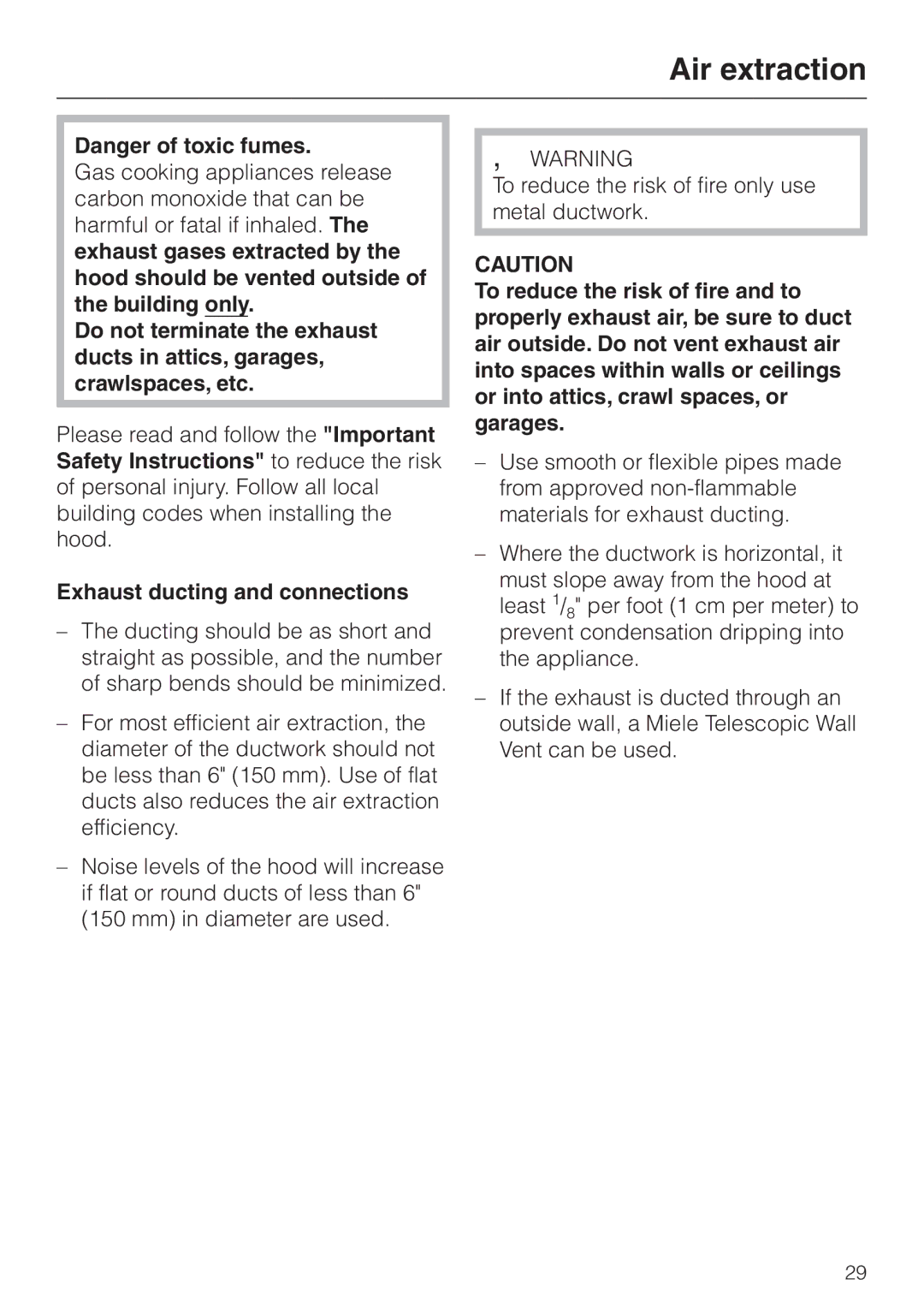 Miele DA403 installation instructions Air extraction, Exhaust ducting and connections 