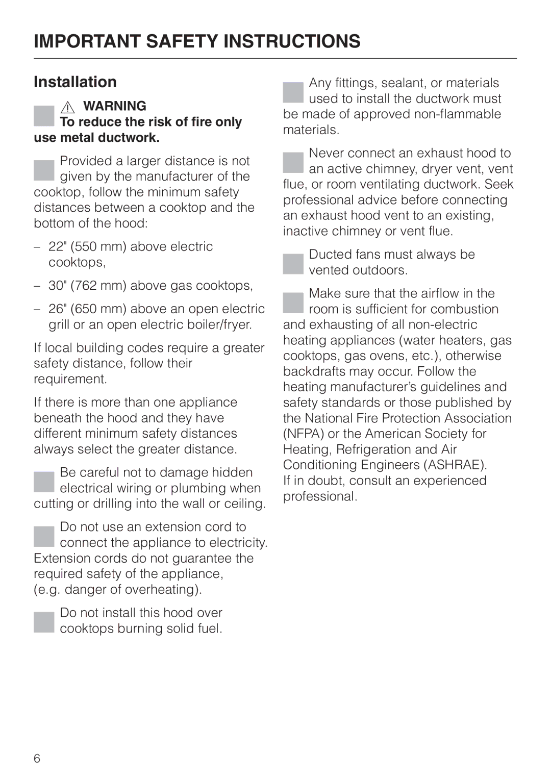 Miele DA403 installation instructions Installation, To reduce the risk of fire only use metal ductwork 