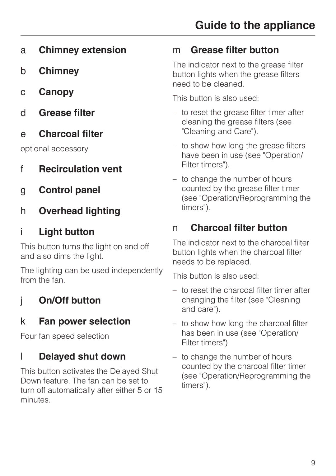 Miele DA403 Chimney extension Canopy Grease filter Charcoal filter, On/Off button Fan power selection, Delayed shut down 