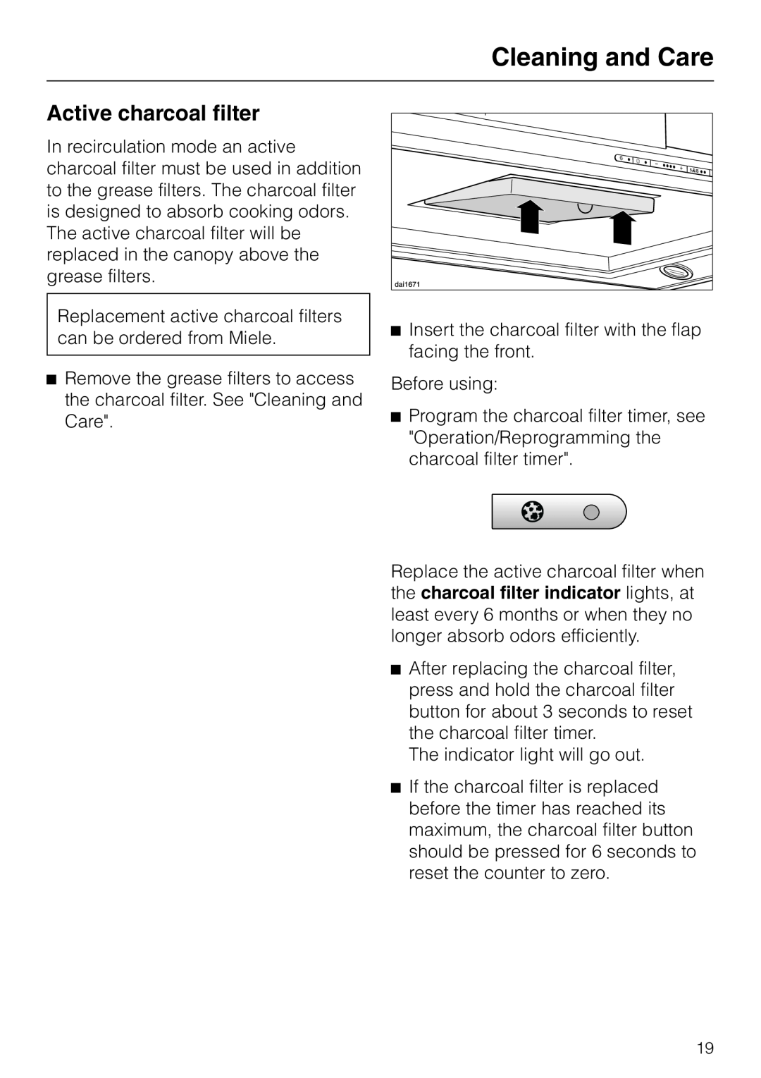 Miele DA403 installation instructions Active charcoal filter, Cleaning and Care 
