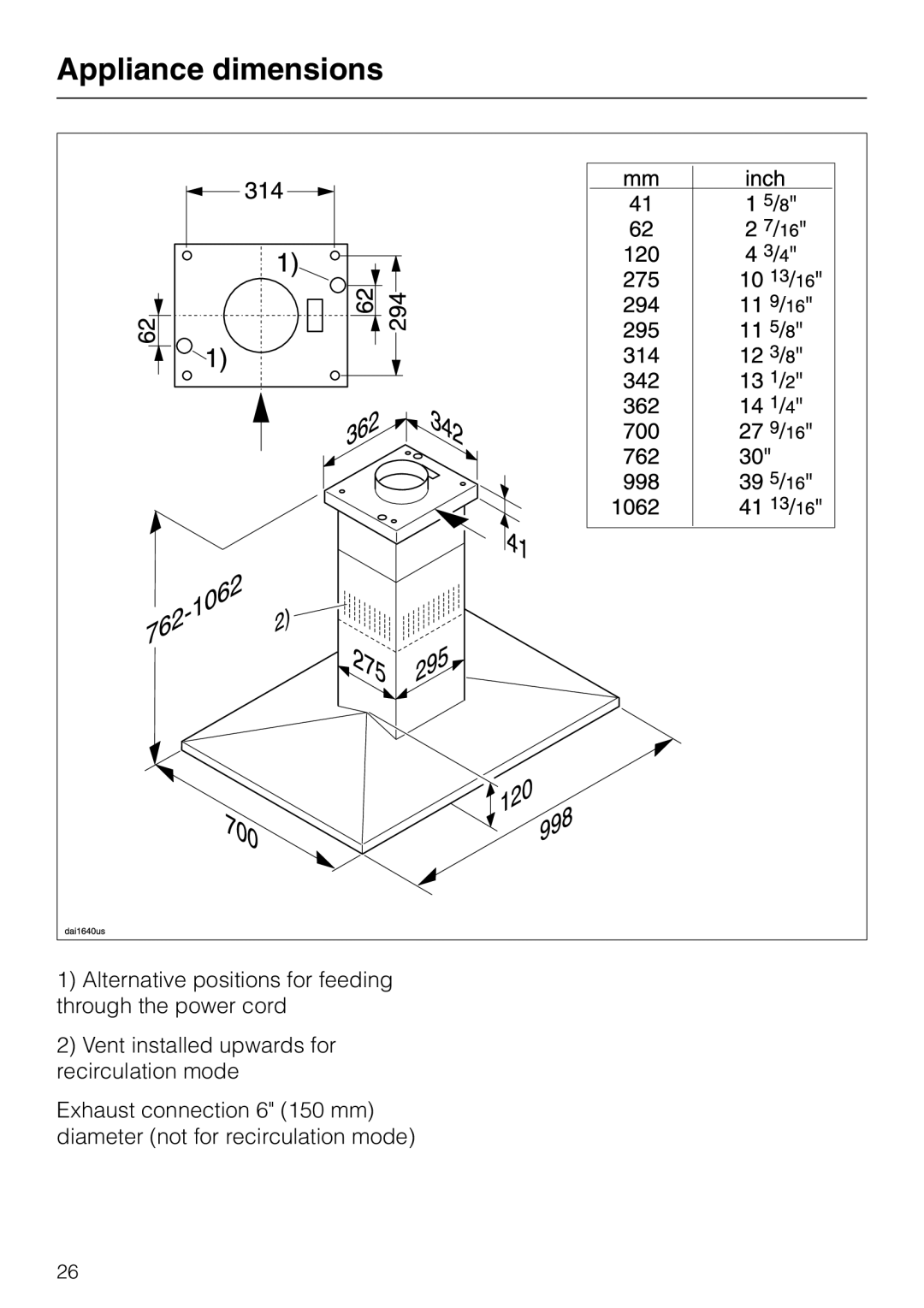 Miele DA403 installation instructions Appliance dimensions 