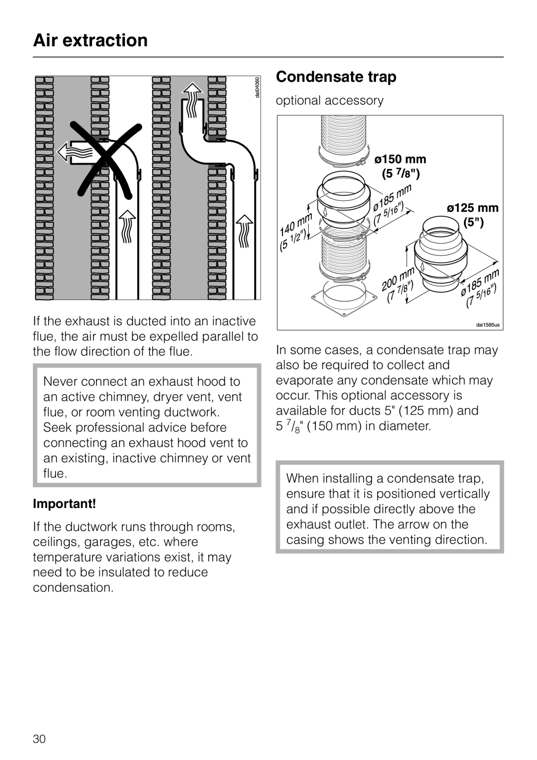 Miele DA403 installation instructions Condensate trap, Air extraction 