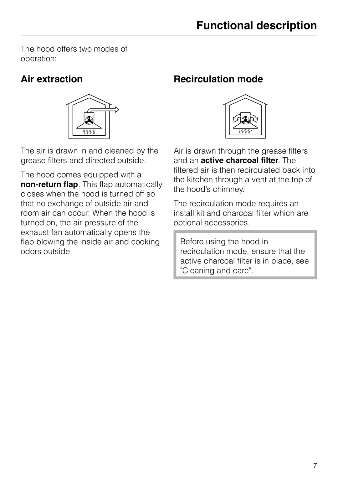 Miele DA403 installation instructions Functional description, Air extraction, Recirculation mode 