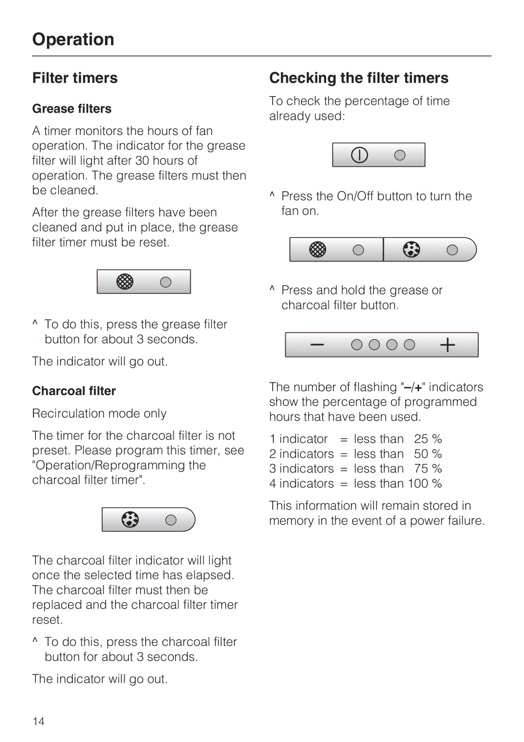 Miele DA408, DA409 installation instructions Filter timers, Checking the filter timers, Grease filters, Charcoal filter 