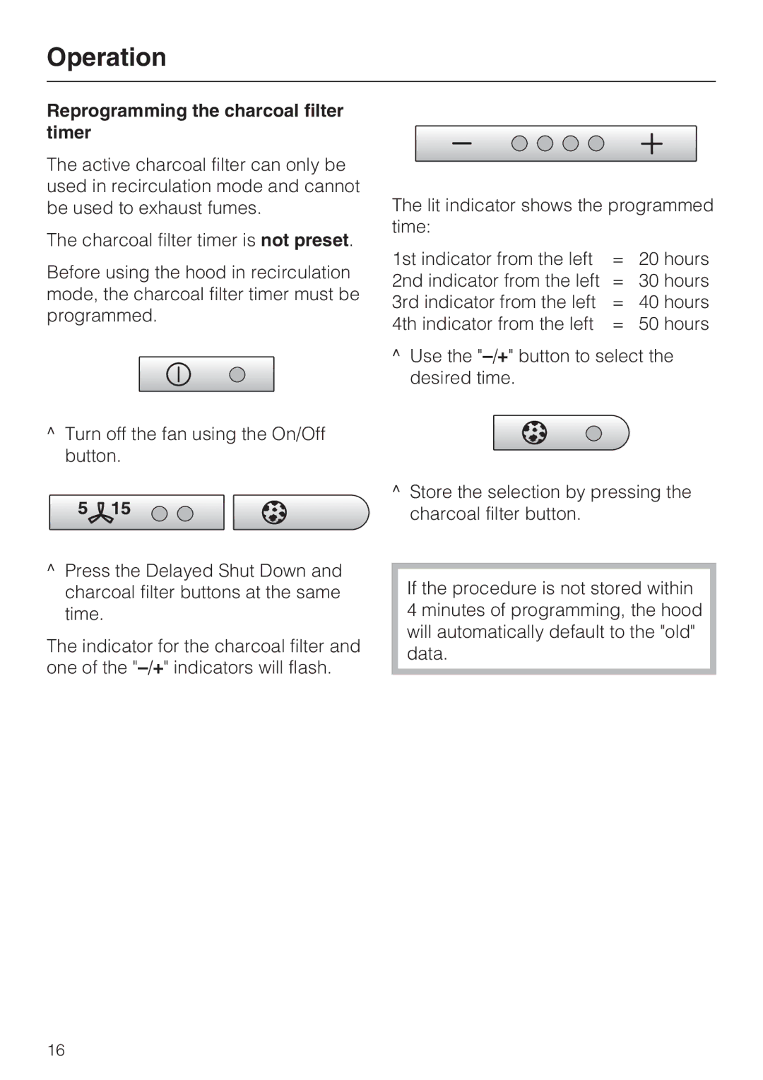 Miele DA408, DA409 installation instructions Reprogramming the charcoal filter timer 