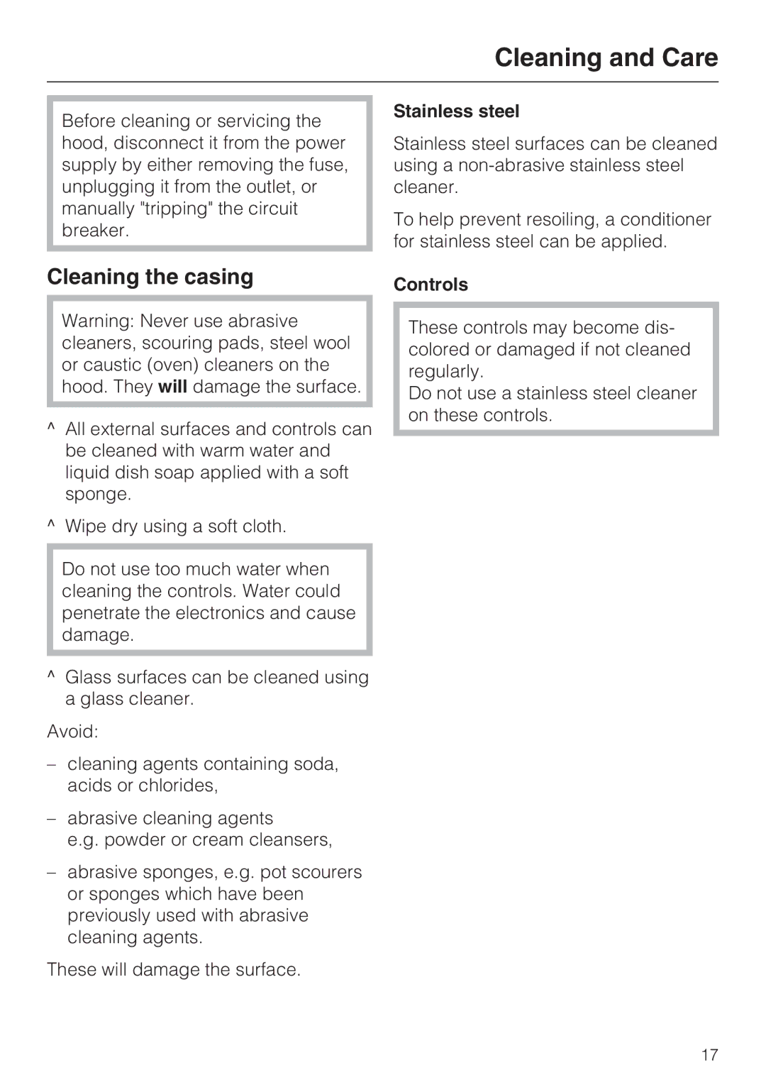 Miele DA409, DA408 installation instructions Cleaning and Care, Cleaning the casing, Stainless steel, Controls 