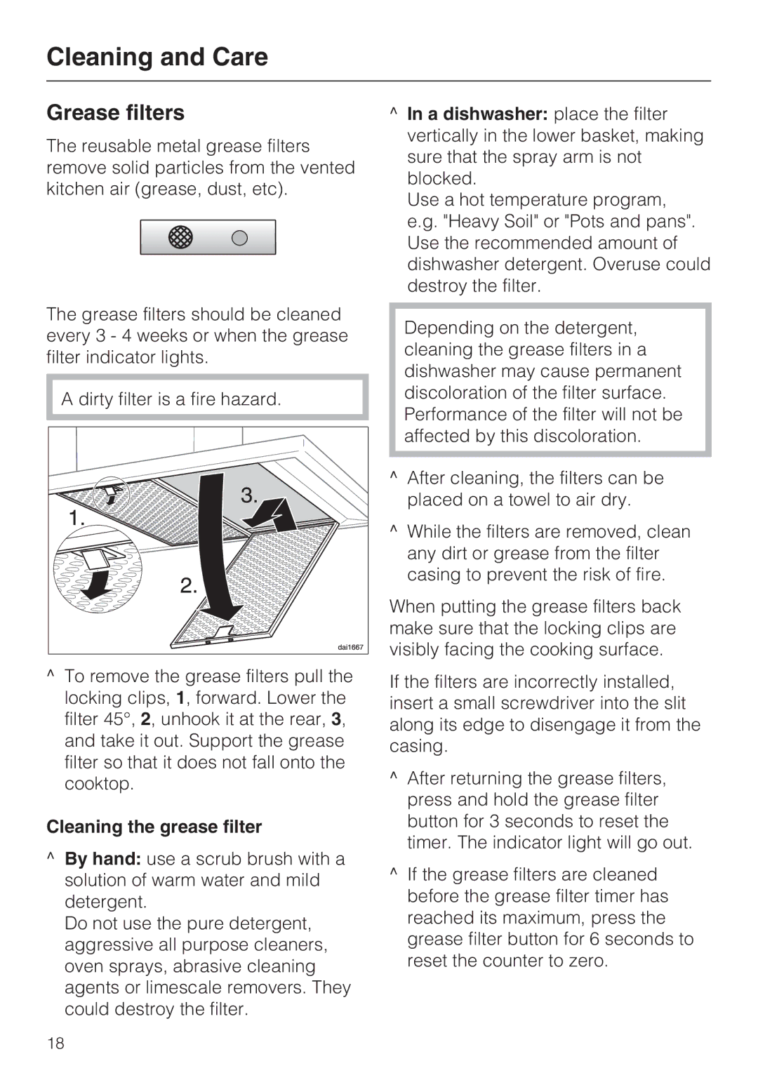 Miele DA408, DA409 installation instructions Grease filters, Cleaning the grease filter 