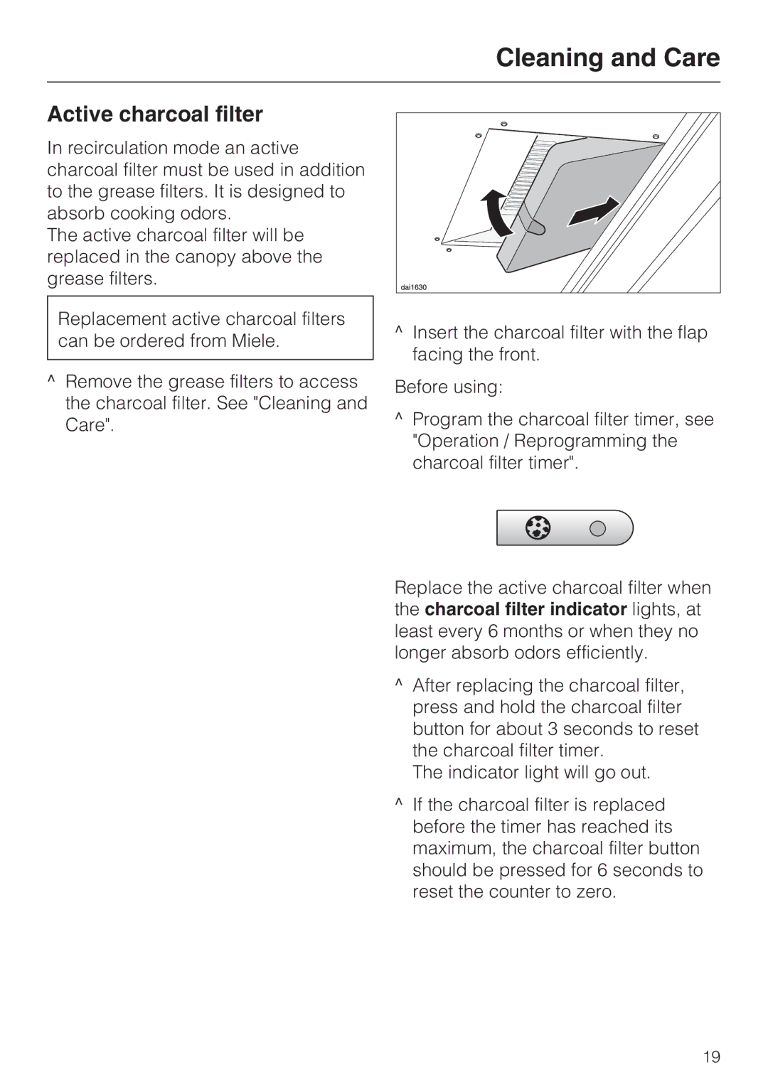 Miele DA409, DA408 installation instructions Active charcoal filter 