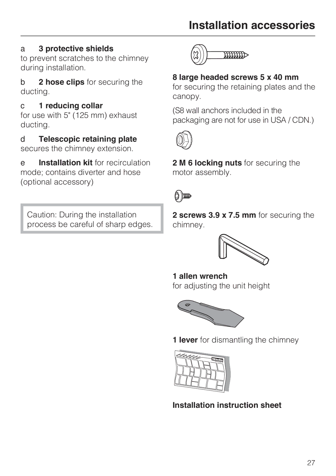 Miele DA409, DA408 Protective shields, Reducing collar, Telescopic retaining plate secures the chimney extension 