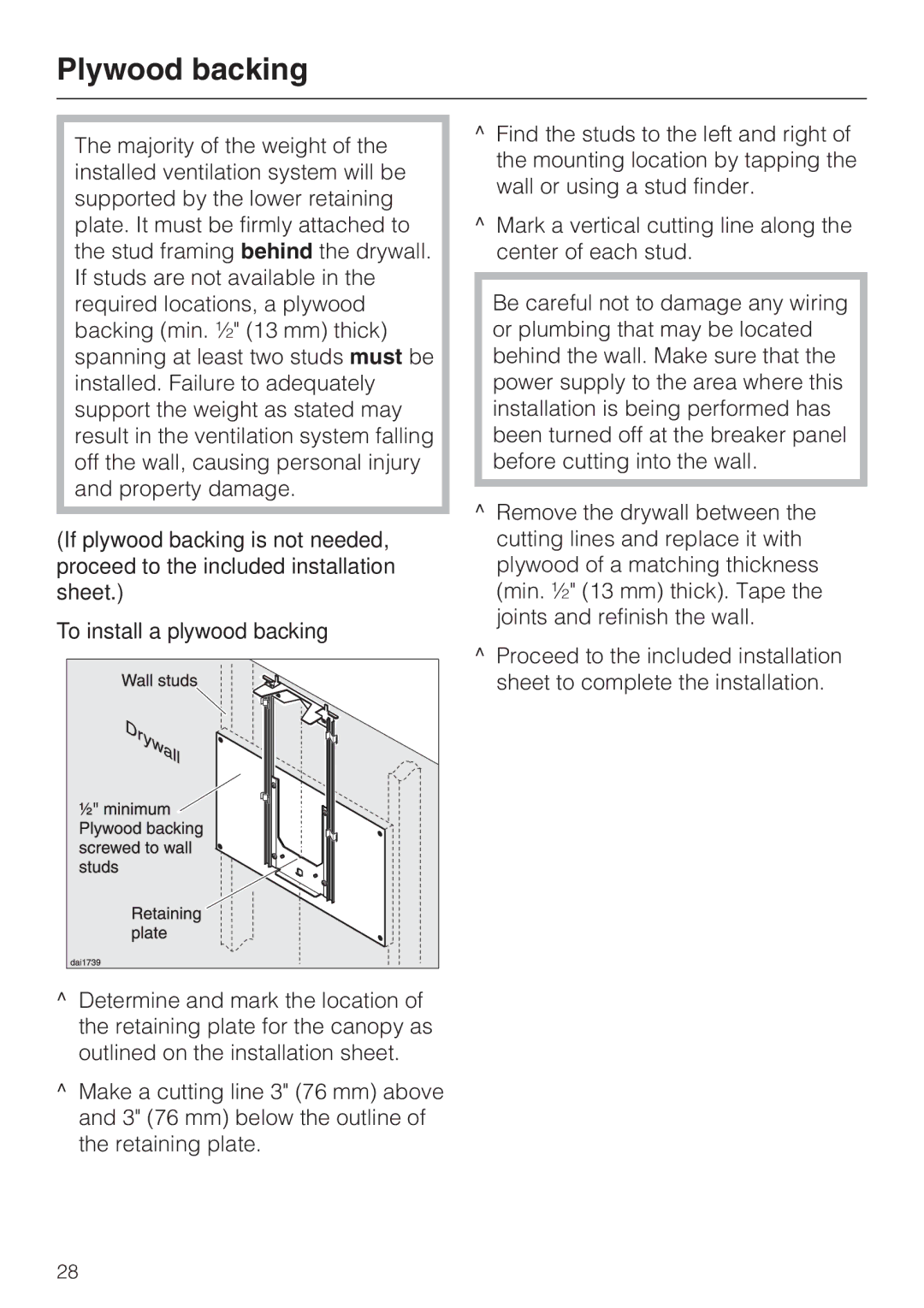 Miele DA408, DA409 installation instructions Plywood backing, To install a plywood backing 