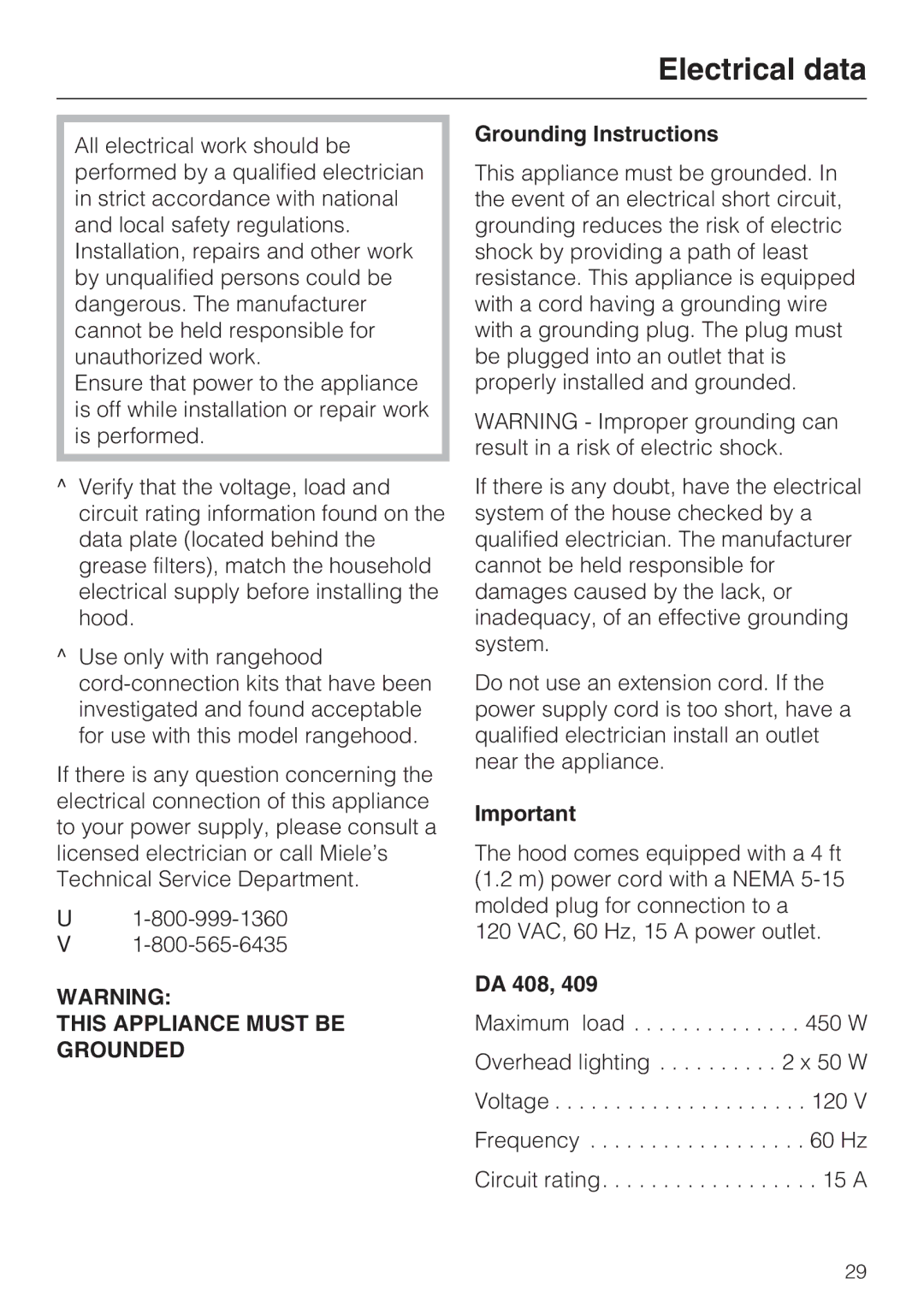 Miele DA409, DA408 installation instructions Electrical data, Grounding Instructions, DA 408 