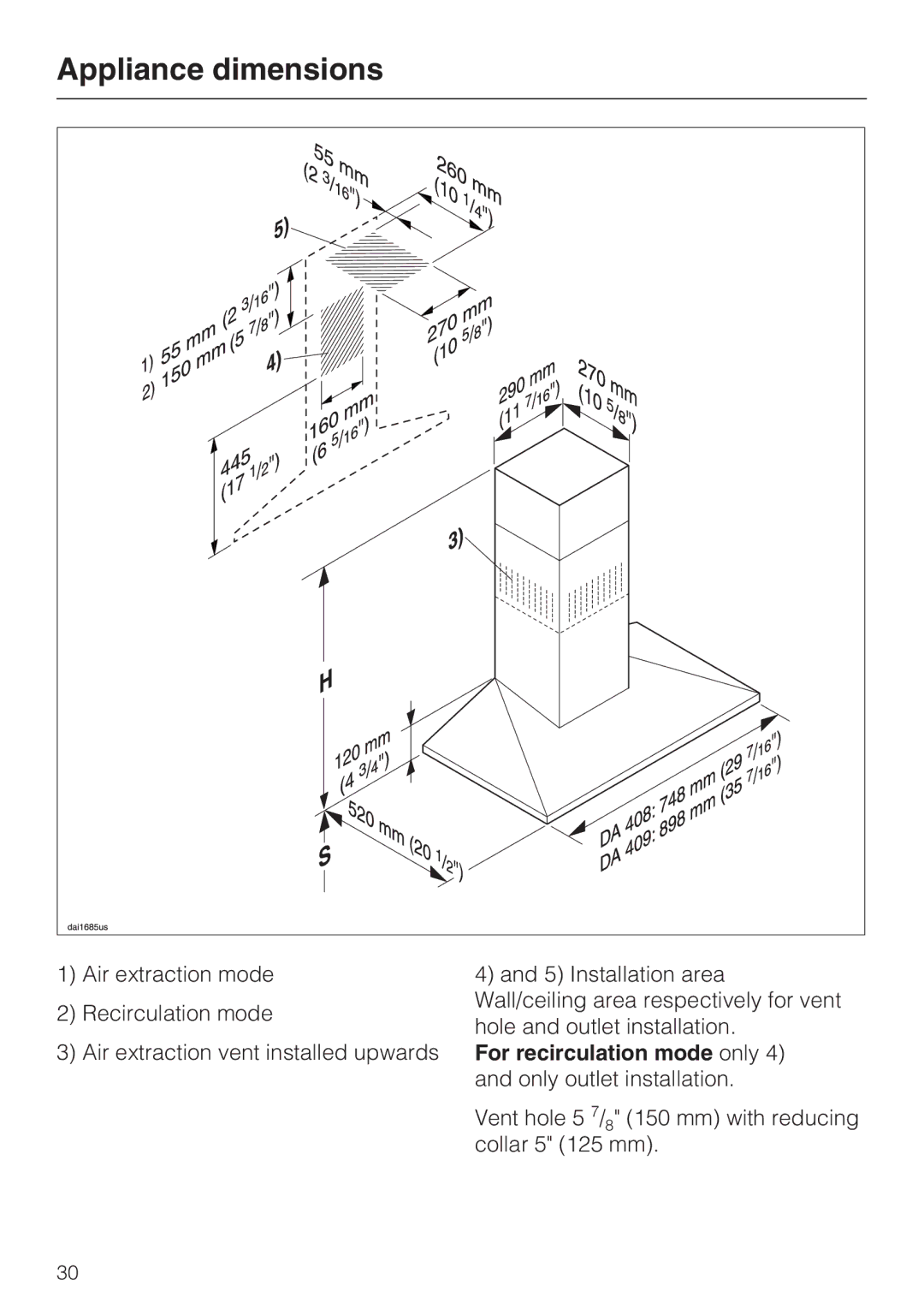 Miele DA408, DA409 Appliance dimensions, For recirculation mode only 4 and only outlet installation 