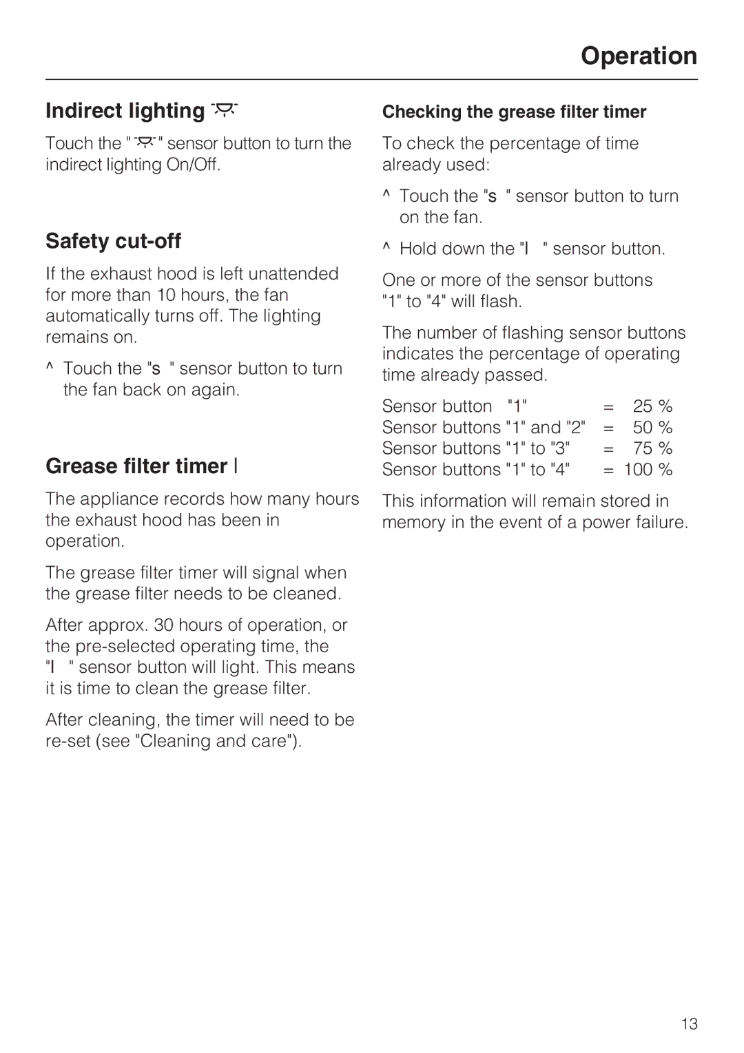 Miele DA5000D Indirect lighting, Safety cut-off, Grease filter timer l, Checking the grease filter timer 