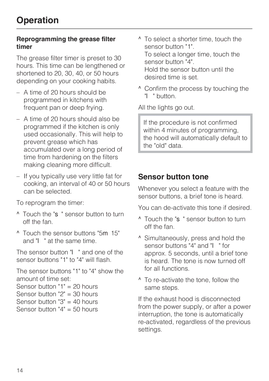 Miele DA5000D installation instructions Sensor button tone, Reprogramming the grease filter timer 