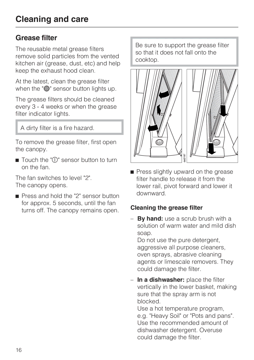 Miele DA5000D installation instructions Grease filter, Cleaning the grease filter 