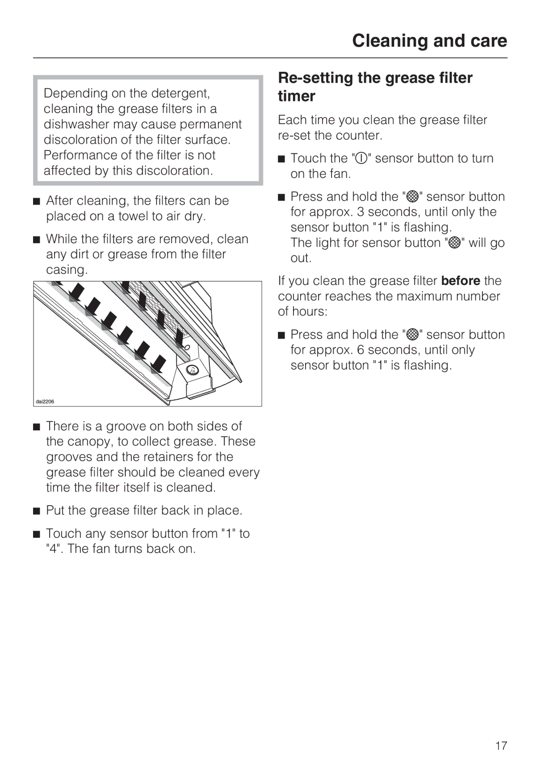 Miele DA5000D installation instructions Re-setting the grease filter timer 