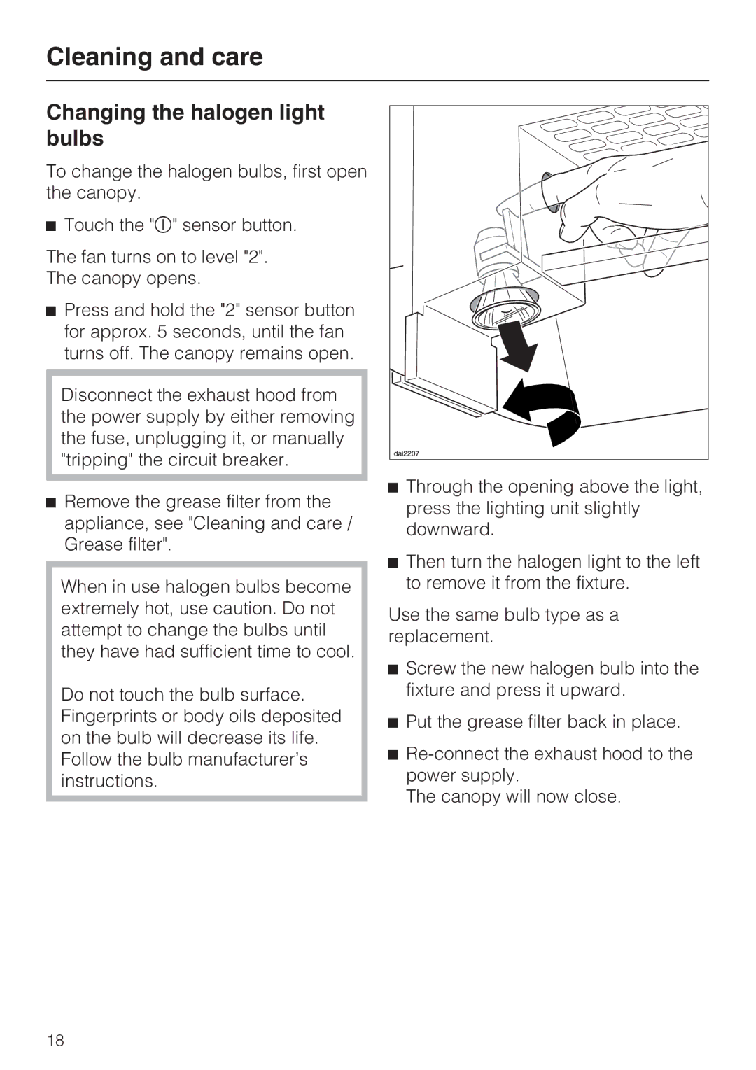 Miele DA5000D installation instructions Changing the halogen light bulbs 