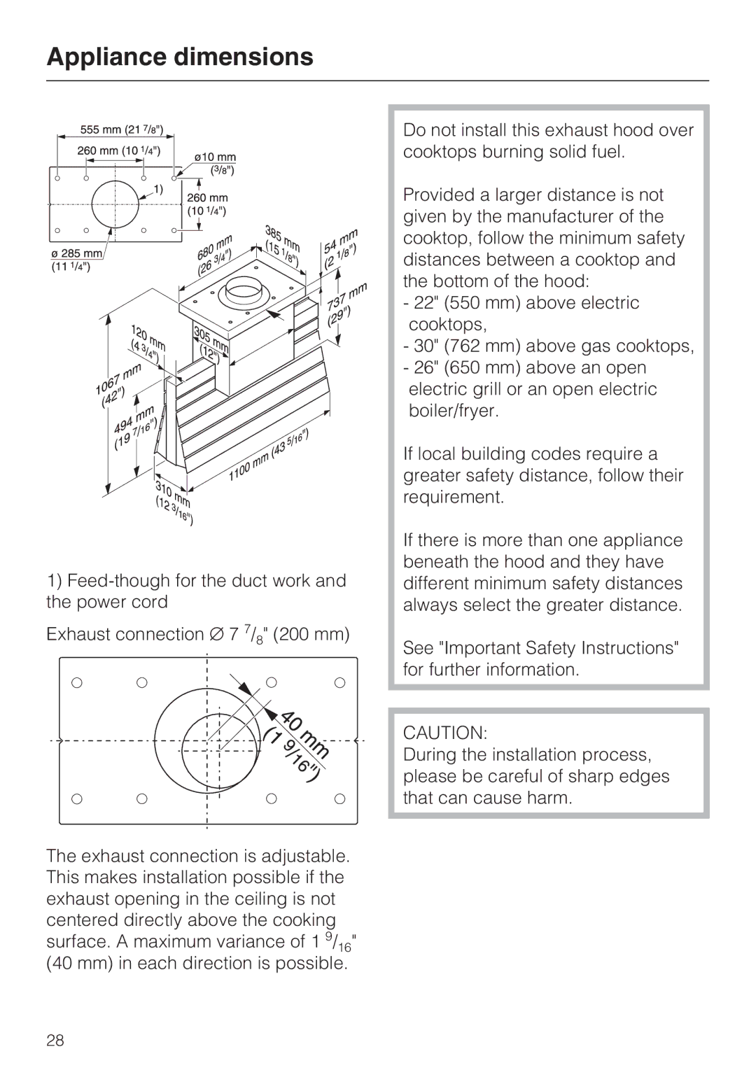 Miele DA5000D installation instructions Appliance dimensions 