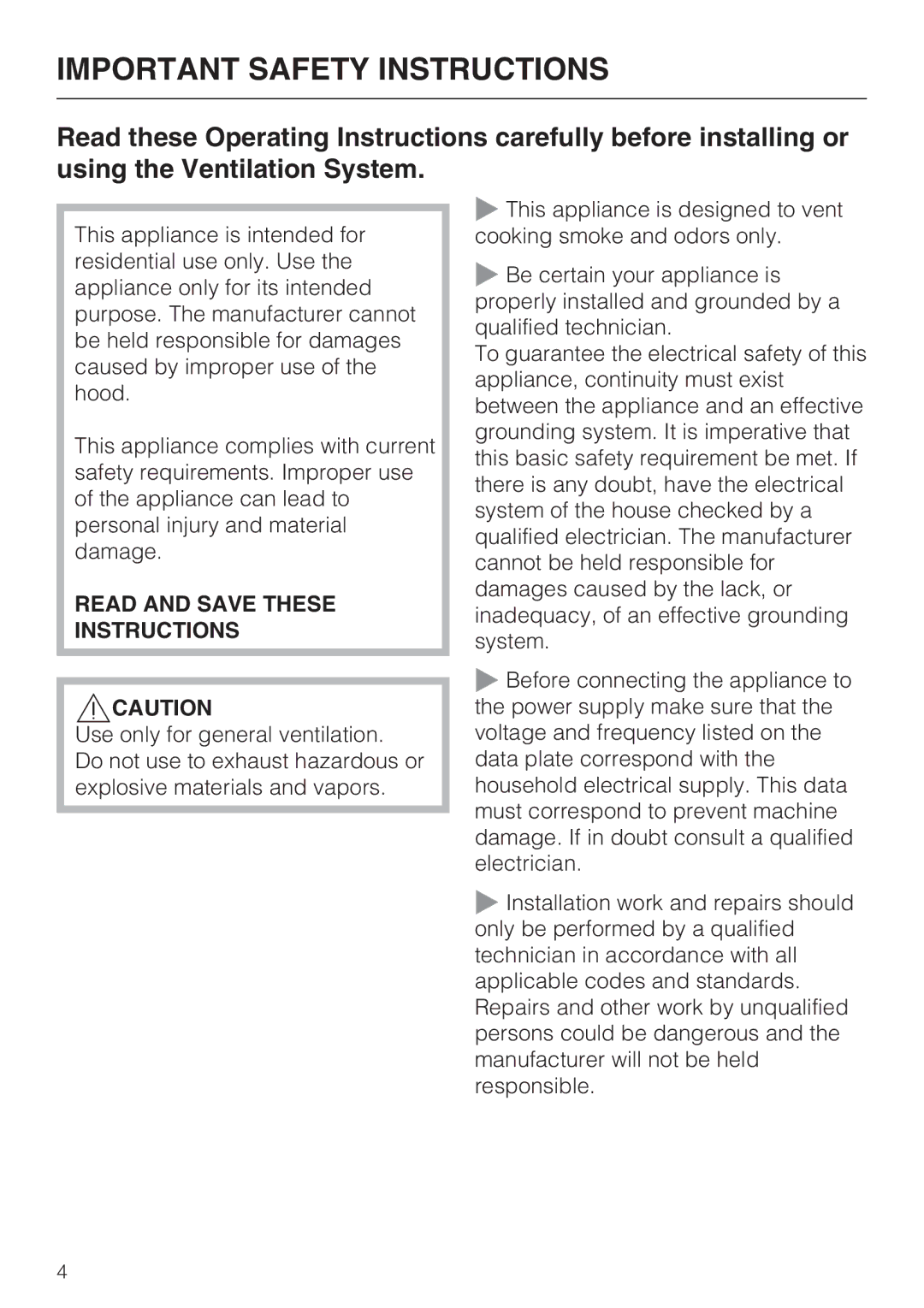 Miele DA5000D installation instructions Important Safety Instructions 