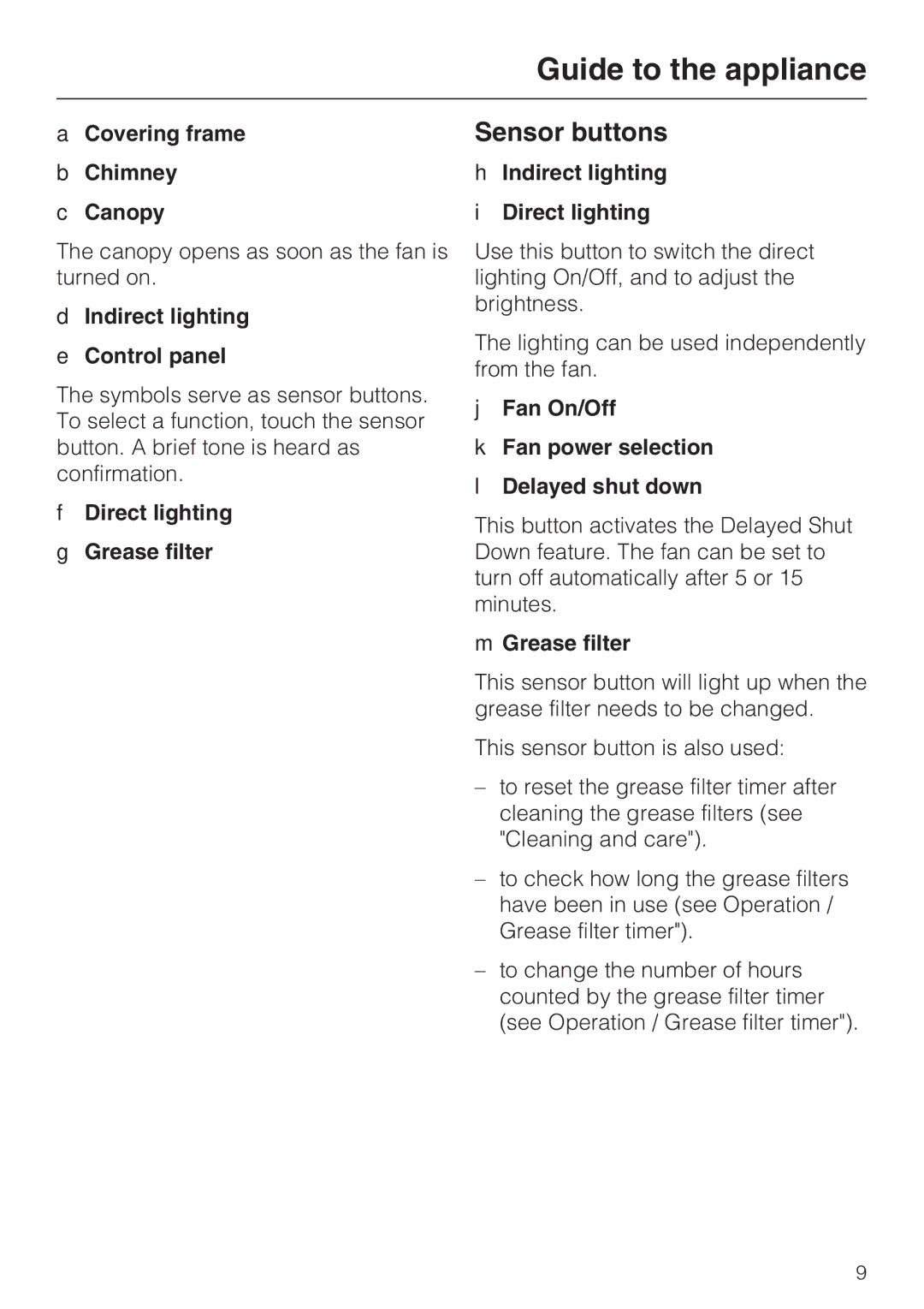 Miele DA5000D installation instructions Sensor buttons 