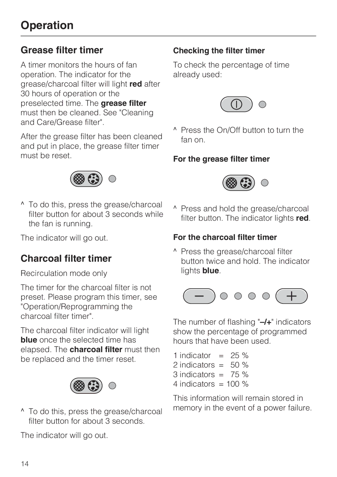 Miele DA5190W Grease filter timer, Charcoal filter timer, Checking the filter timer, For the grease filter timer 