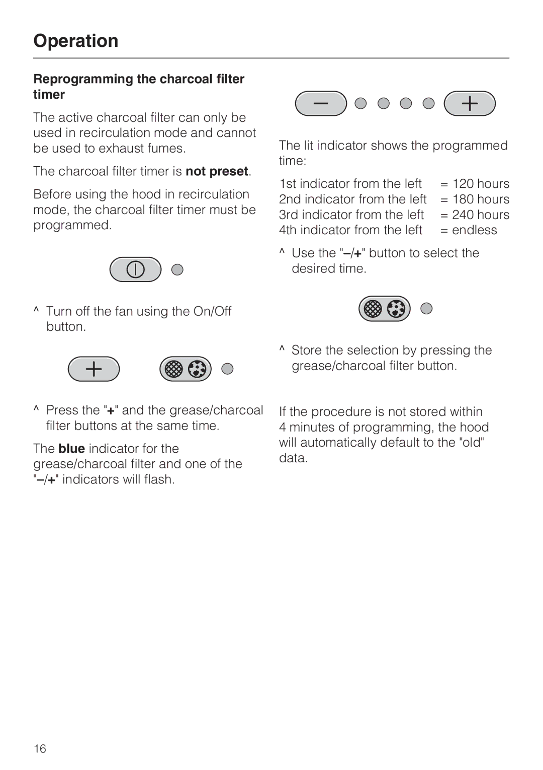 Miele DA5190W installation instructions Reprogramming the charcoal filter timer 