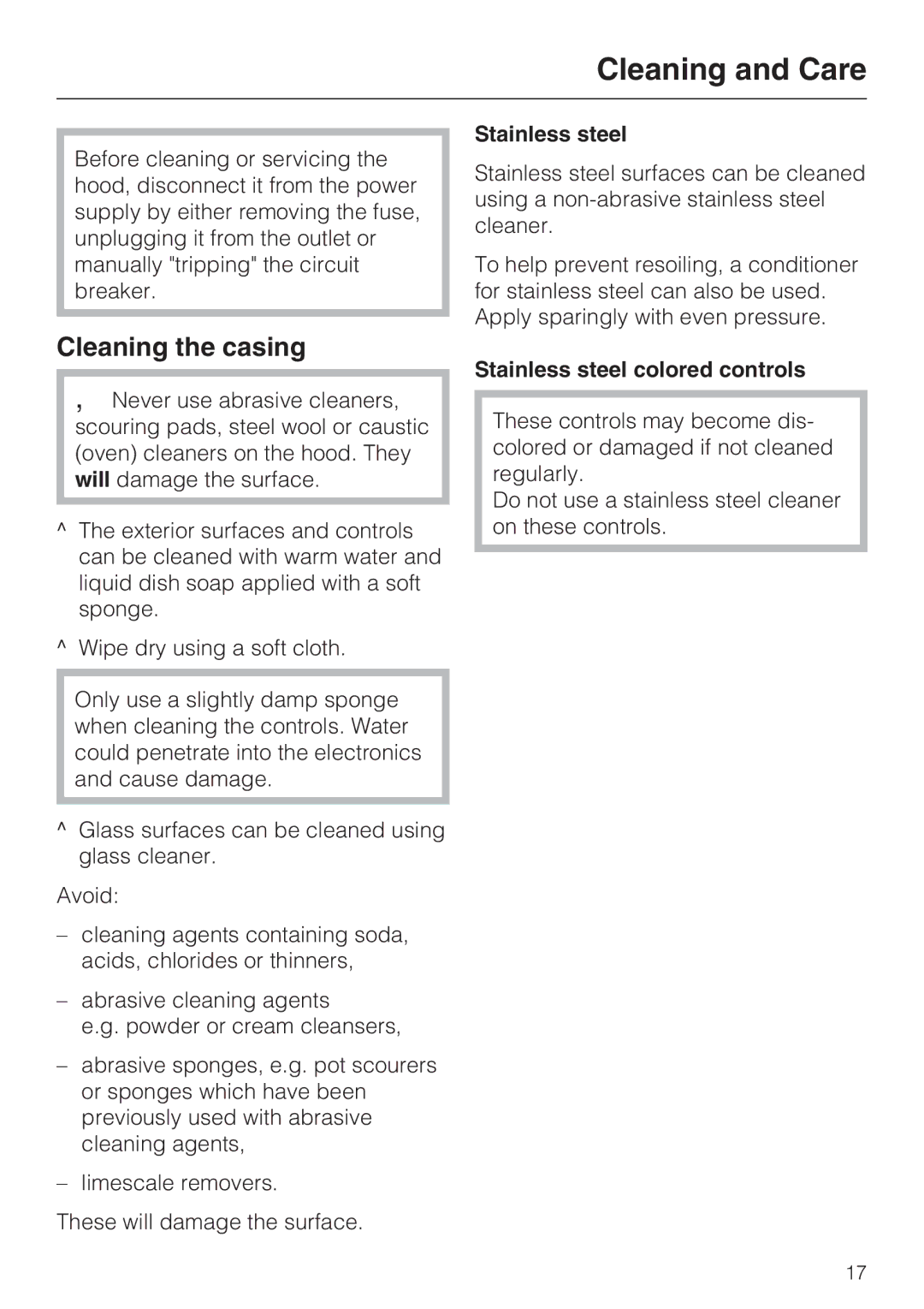 Miele DA5190W installation instructions Cleaning and Care, Cleaning the casing, Stainless steel colored controls 