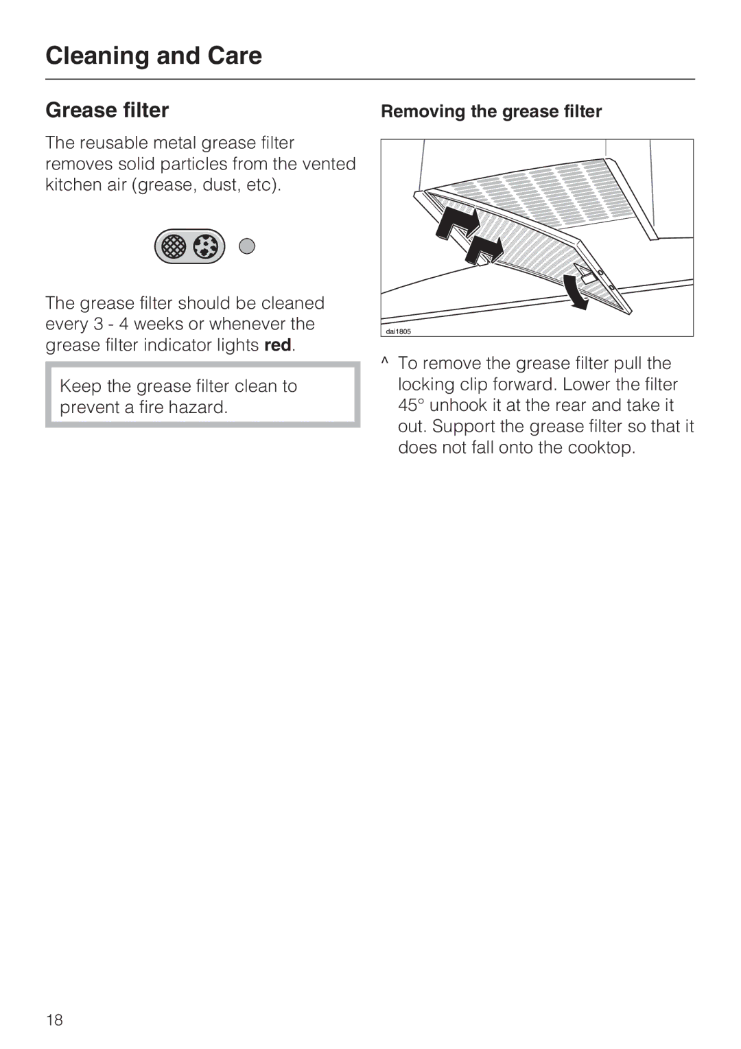 Miele DA5190W installation instructions Grease filter, Removing the grease filter 