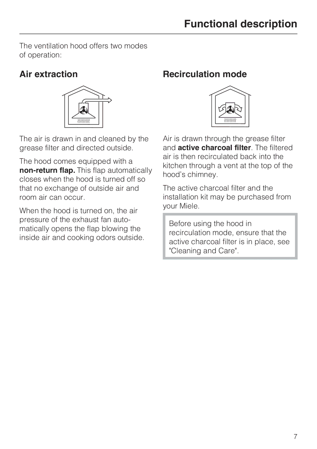 Miele DA5190W installation instructions Functional description, Air extraction, Recirculation mode 