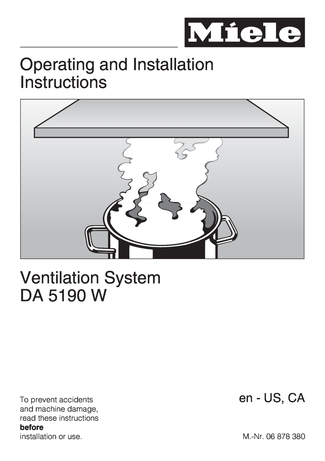 Miele DA5190W installation instructions Operating and Installation Instructions, Ventilation System DA 5190 W, en - US, CA 