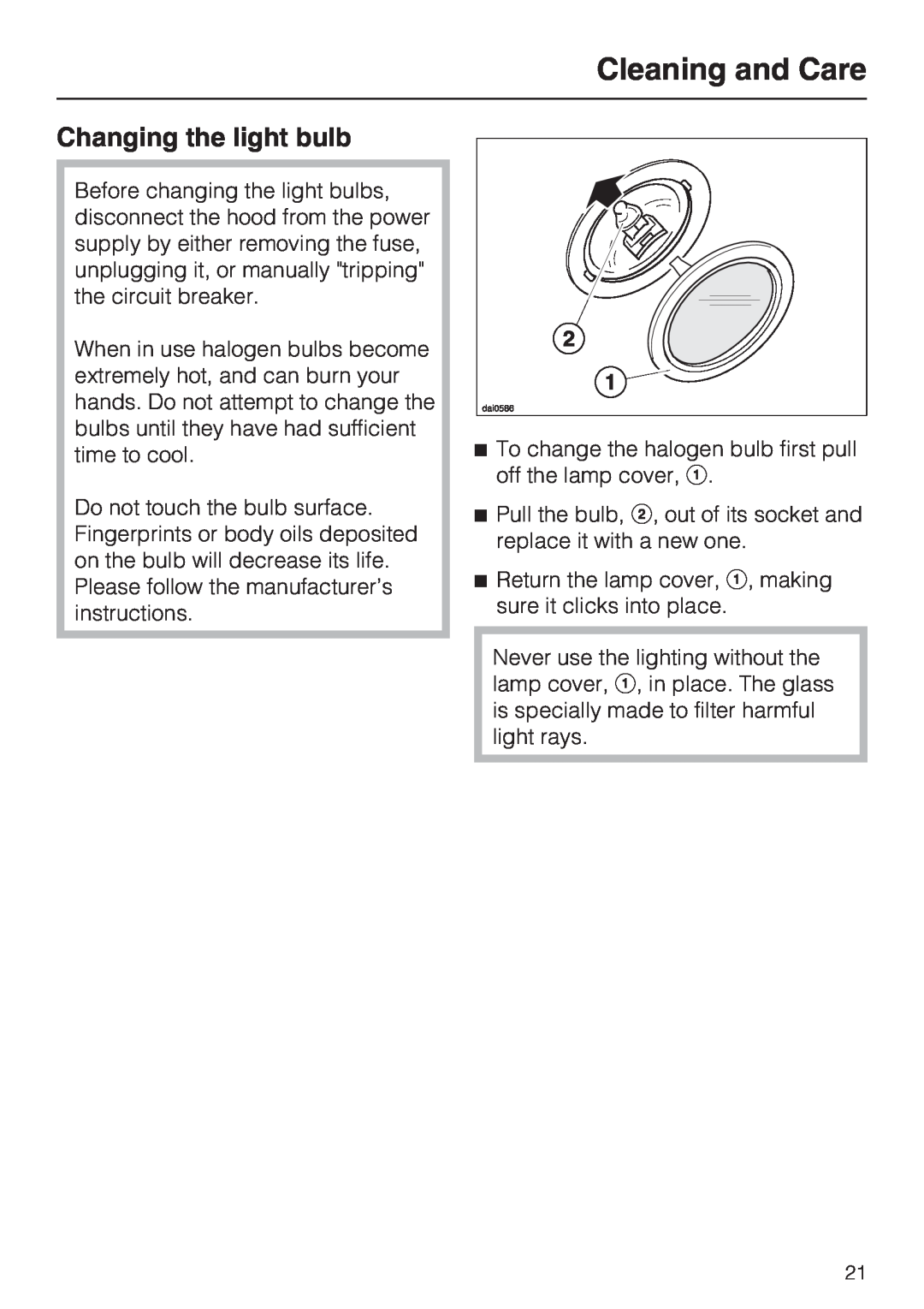 Miele DA5190W installation instructions Changing the light bulb, Cleaning and Care 