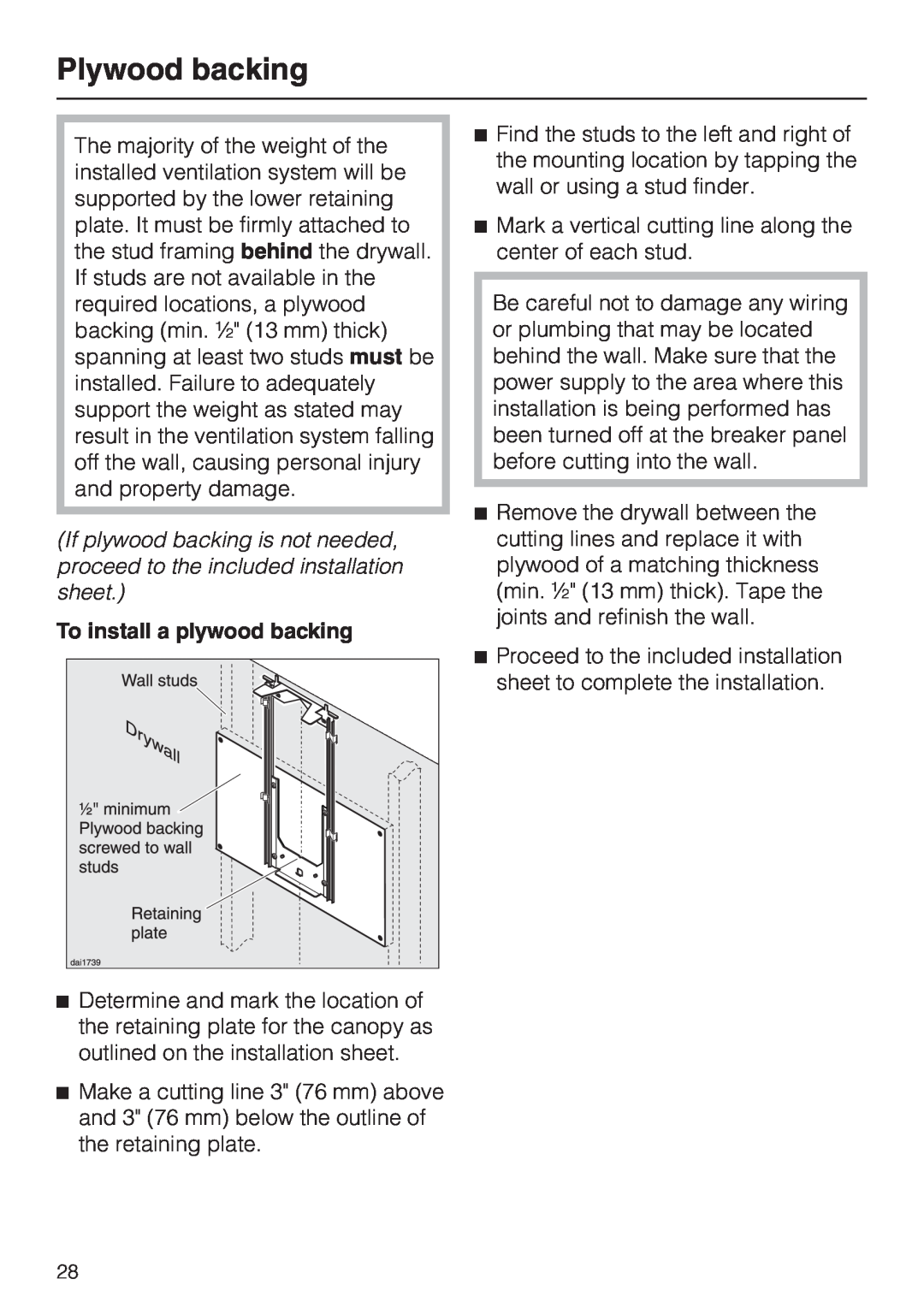 Miele DA5190W installation instructions Plywood backing, To install a plywood backing 