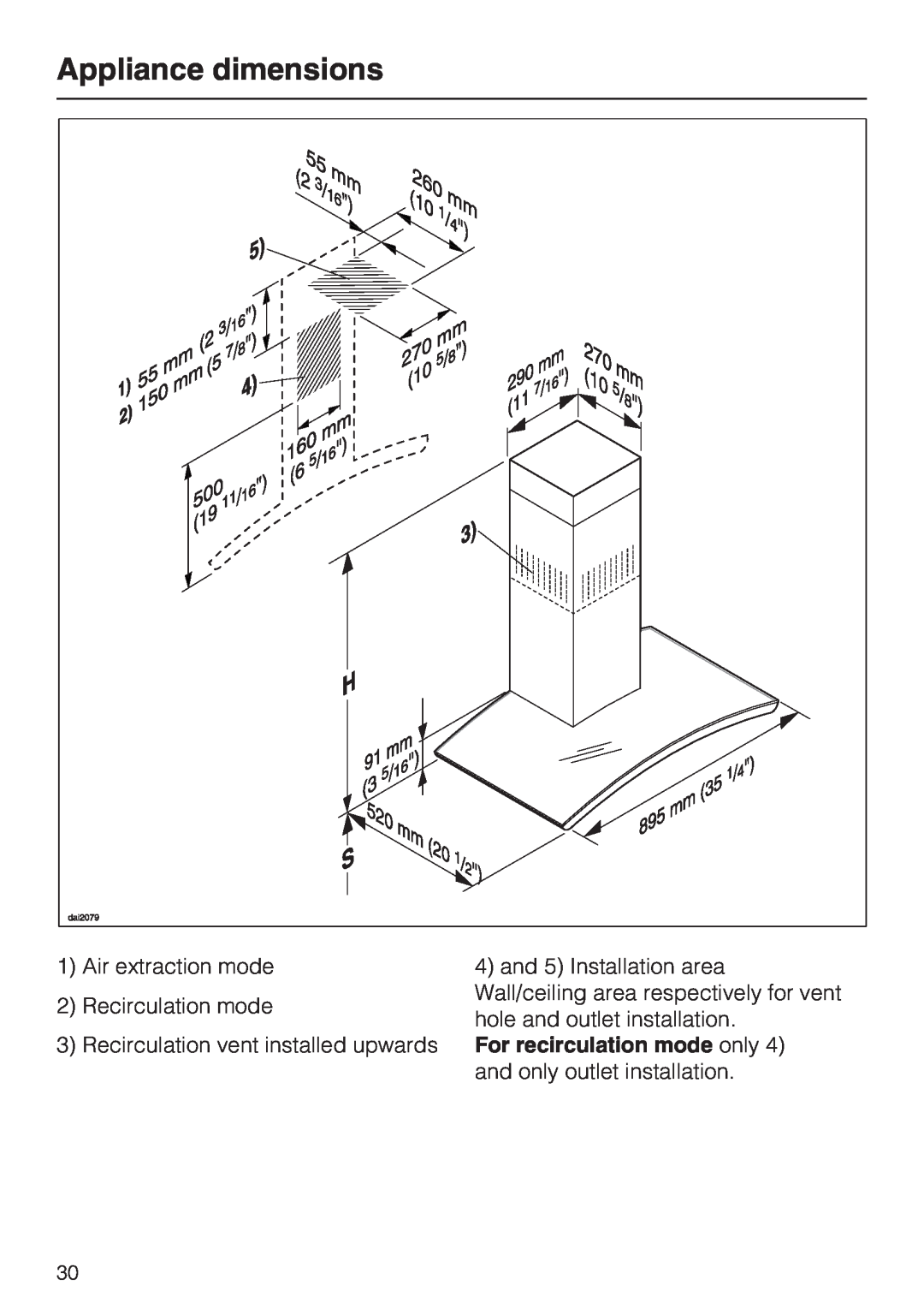 Miele DA5190W Appliance dimensions, 1Air extraction mode 2Recirculation mode, 3Recirculation vent installed upwards 