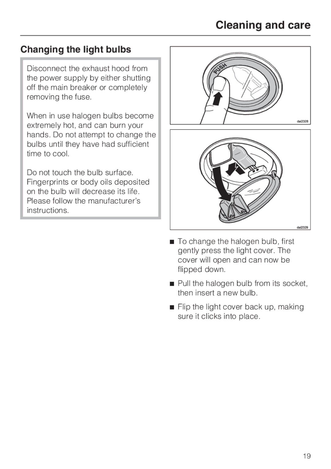 Miele DA5321D installation instructions Changing the light bulbs 