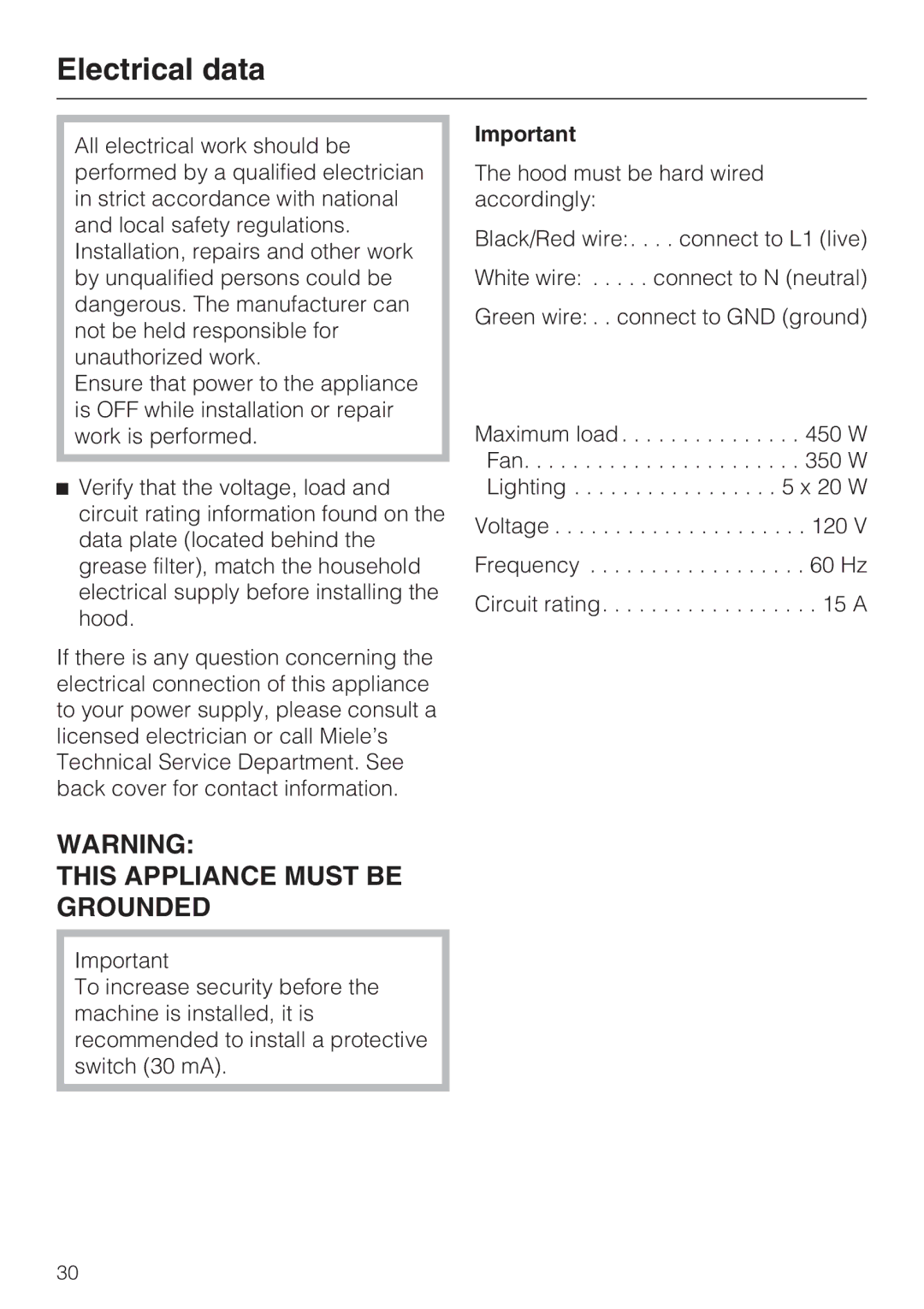 Miele DA5321D installation instructions Electrical data, This Appliance Must be Grounded 