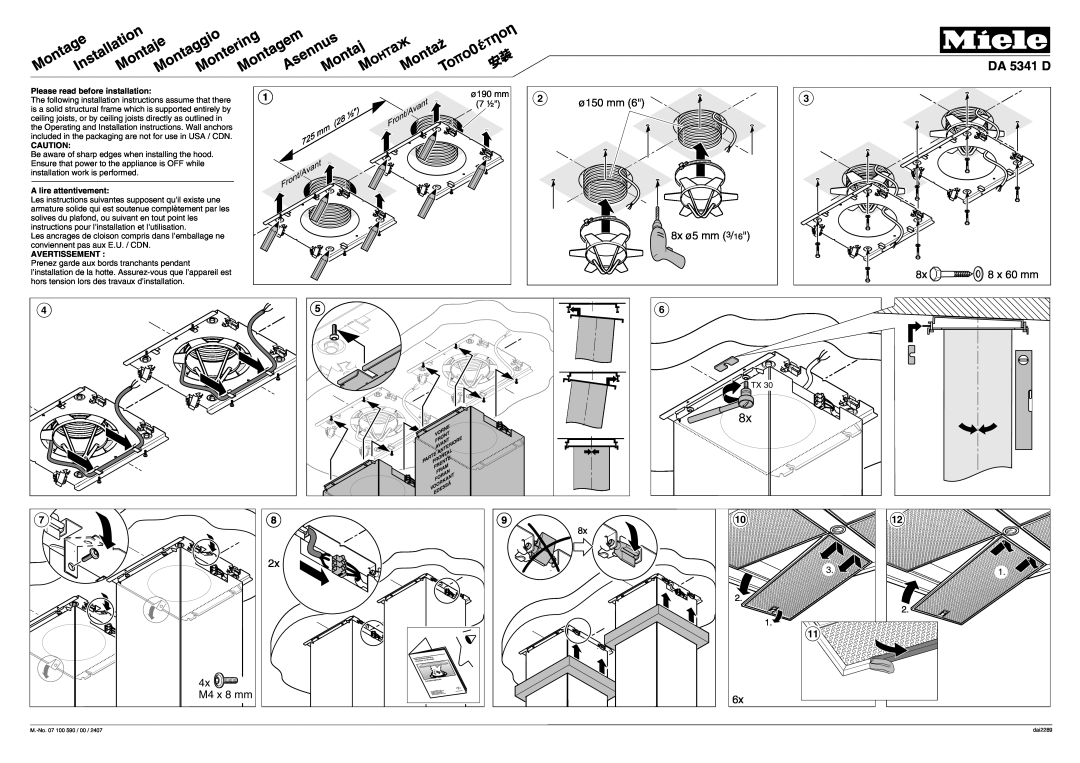 Miele DA5341 installation instructions Asennus, MontageInstallationMontaje, Montaz 